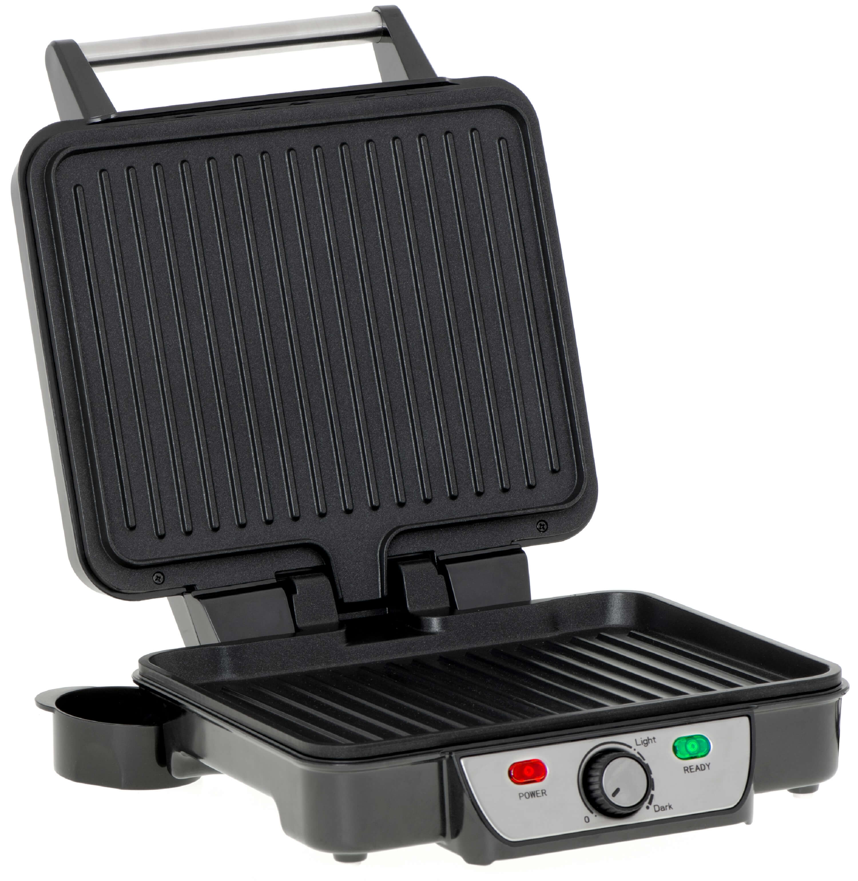 Offener schwarzer Grill mit Griff, Power- und Bereitschaftsleuchten auf weißem Untergrund.