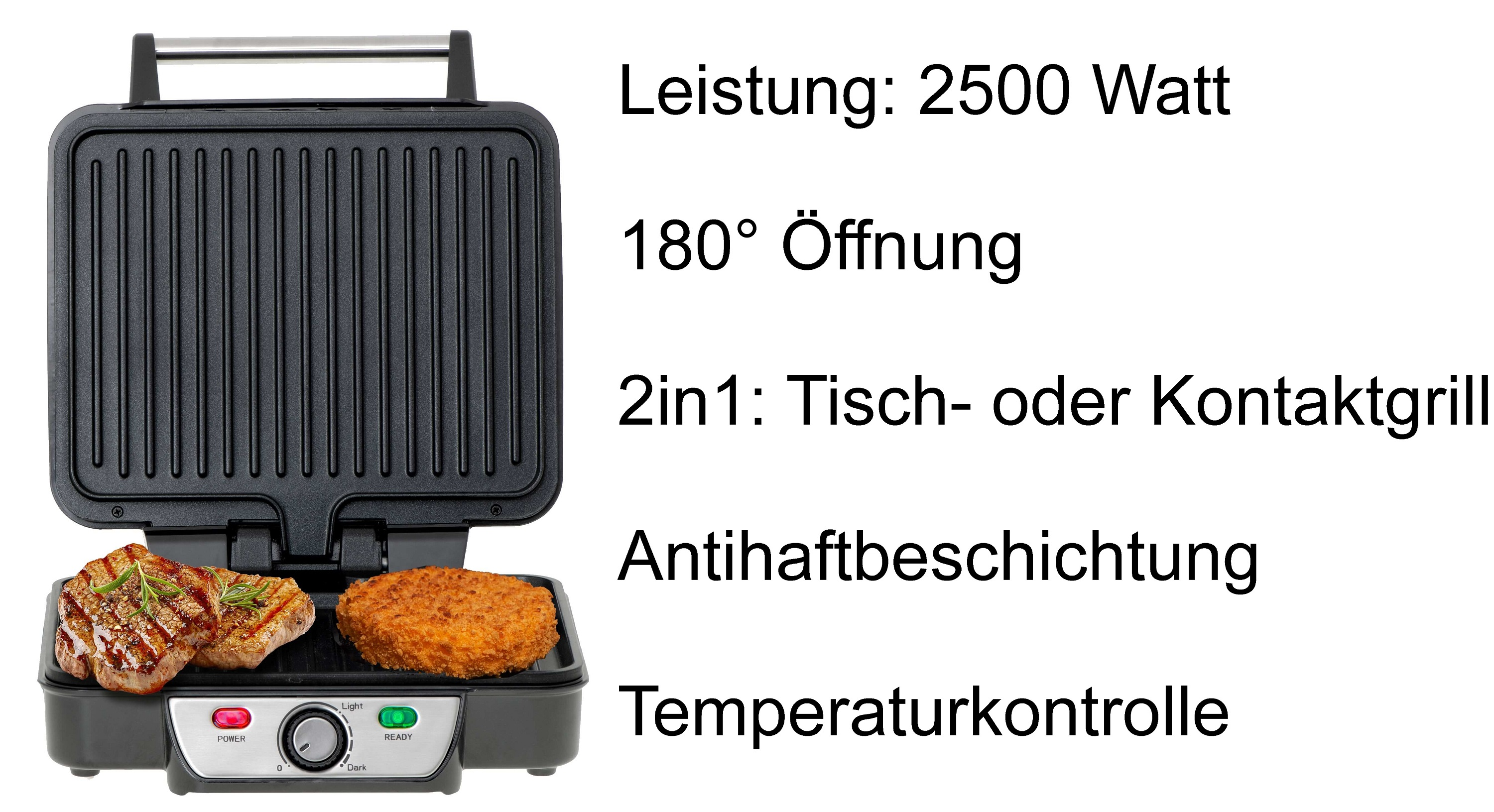 Ein schwarzer Grill mit Inschriften und zwei gekochten Mahlzeiten unten.
