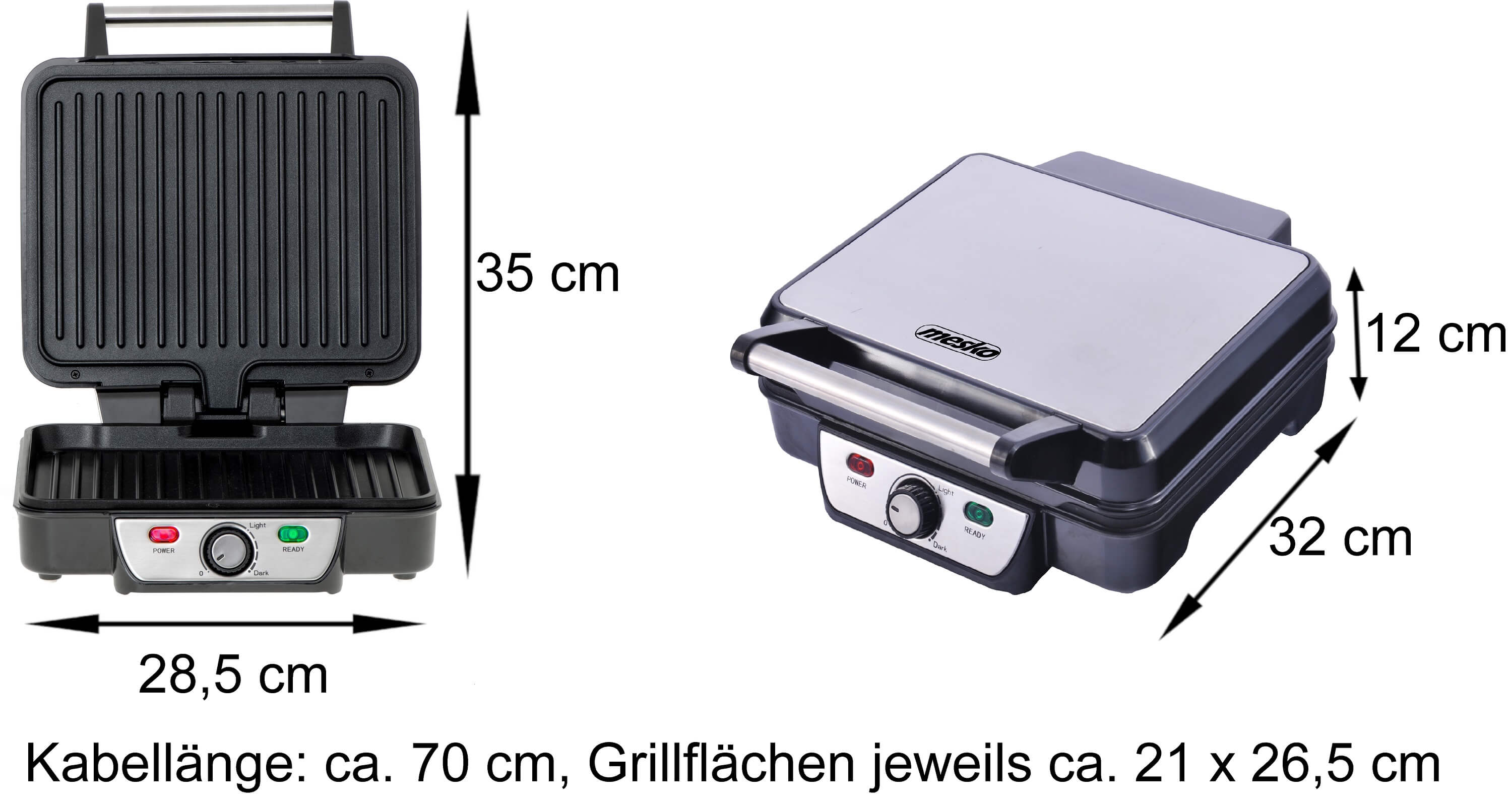 Grill in offener und geschlossener Position mit Maßen in cm.