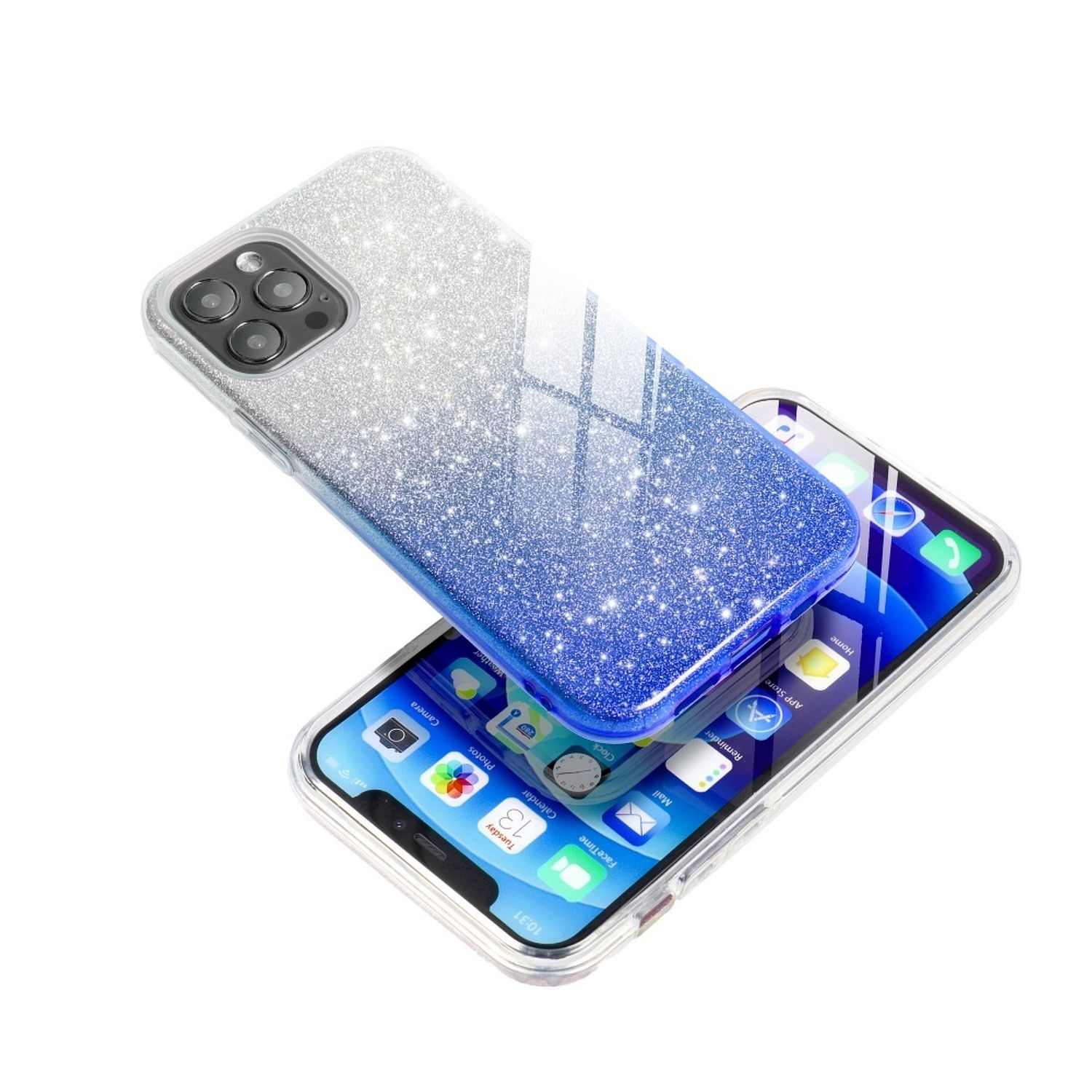 Ein Telefon in einer glitzernden Hülle mit Farbverlauf, das auf einem anderen Telefon liegt. Die Hülle ist silber-blau.