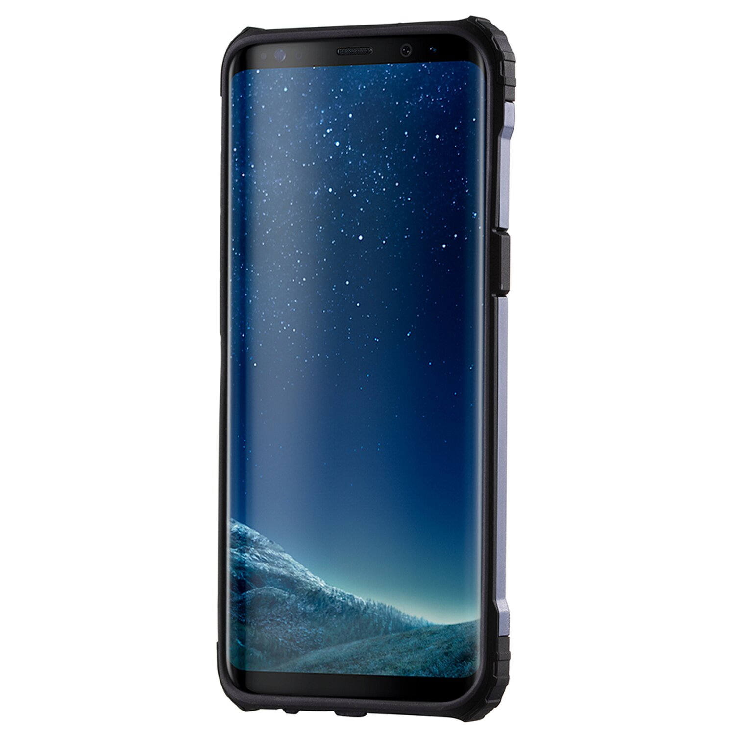 Smartphone in einer schwarzen Schutzhülle, zeigt eine sternenklare Nacht auf dem Bildschirm.