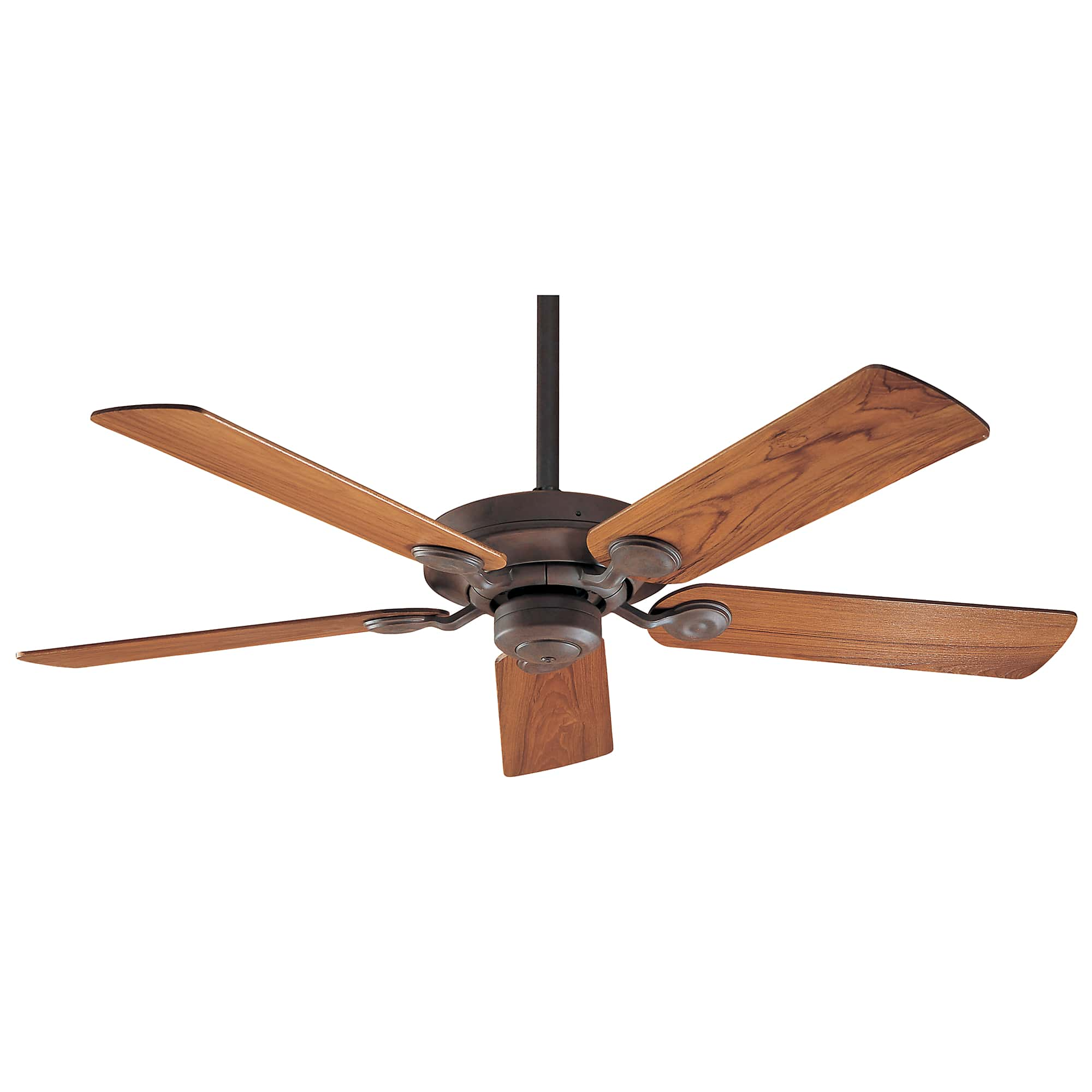 Deckenventilator mit fünf Holzflügeln und braunem Metallsockel, freigestellt.