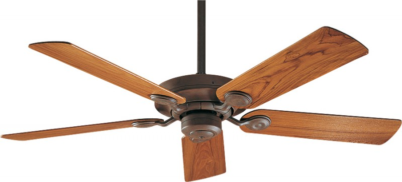 Ein Deckenventilator mit fünf Holzflügeln und einem dunkelbronzenen Motor.