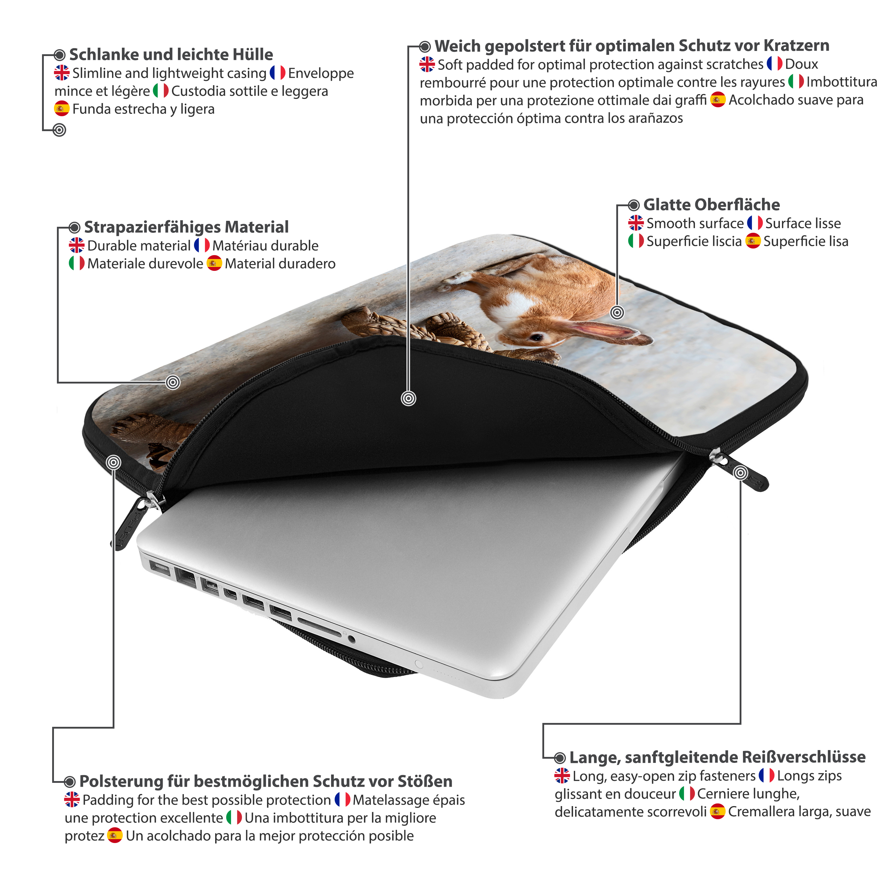 Laptop-Hülle mit Kaninchen-Grafik. Die Hülle ist schwarz und hat einen Reißverschluss. Merkmale sind auf dem Bild aufgeführt.
