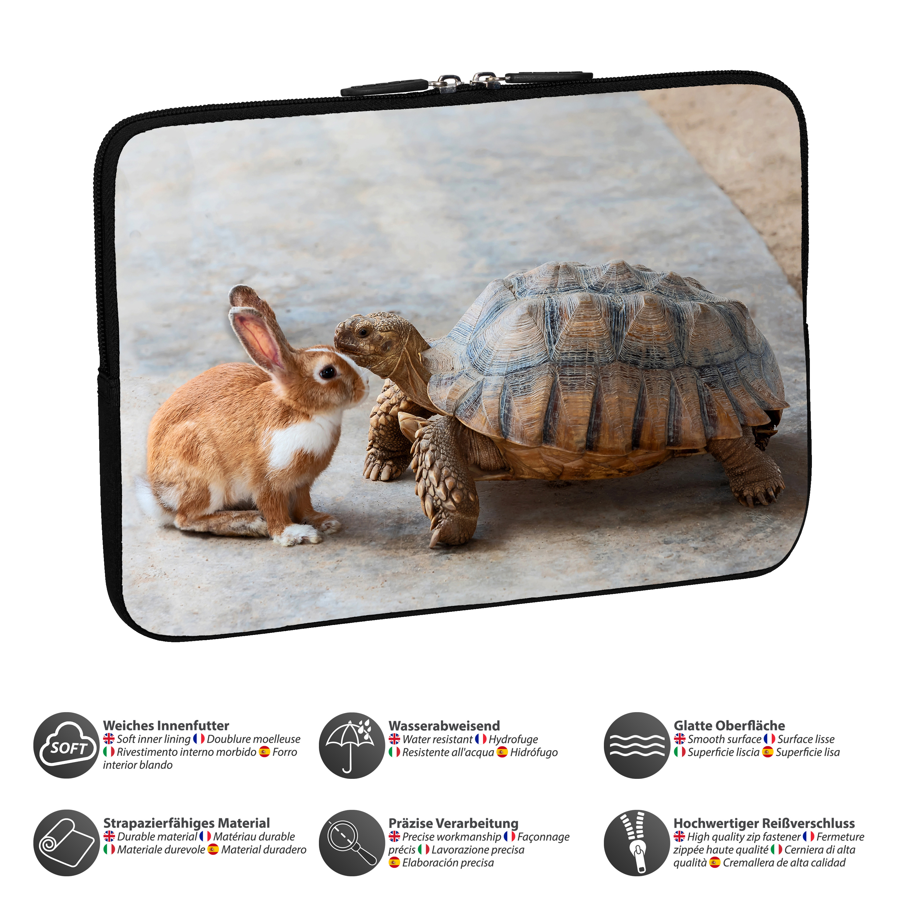 Ein Kaninchen berührt eine Schildkröte auf einer Tasche. Weiche, wasserfeste Symbole.
