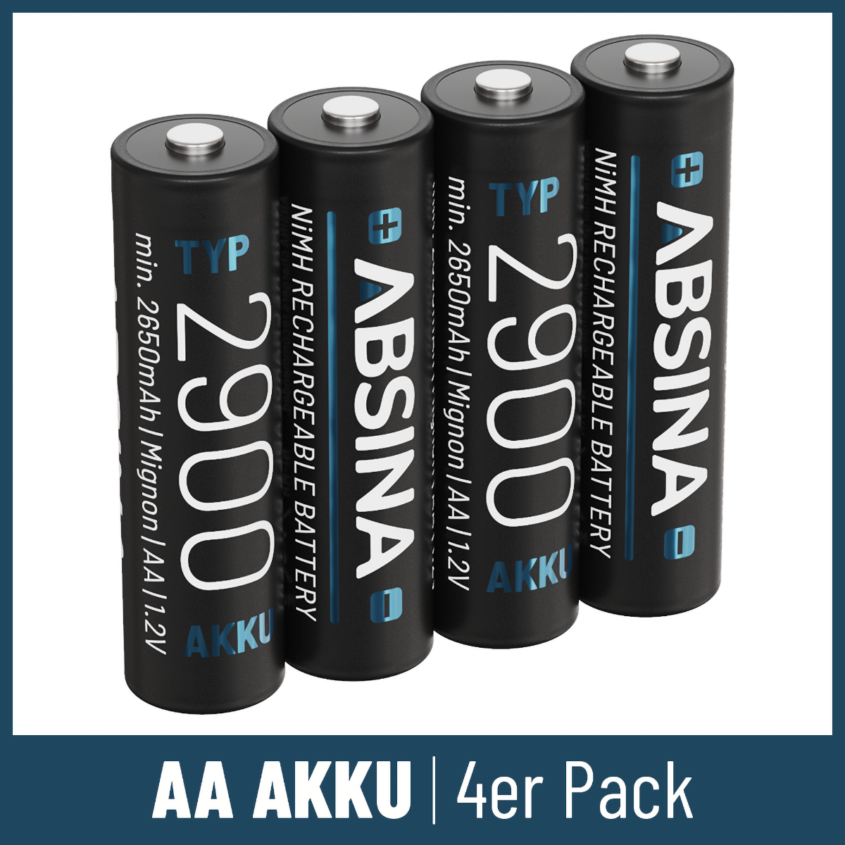 Vier schwarze AA-Batterien mit der Aufschrift 'ABISNA' und '2900' auf weißem Hintergrund.
