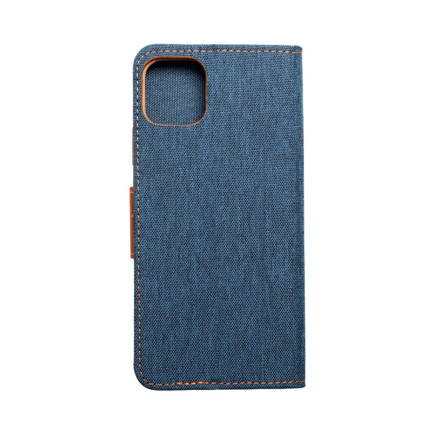 Blaue Jeans-Handyhülle, offen mit Handy darin.