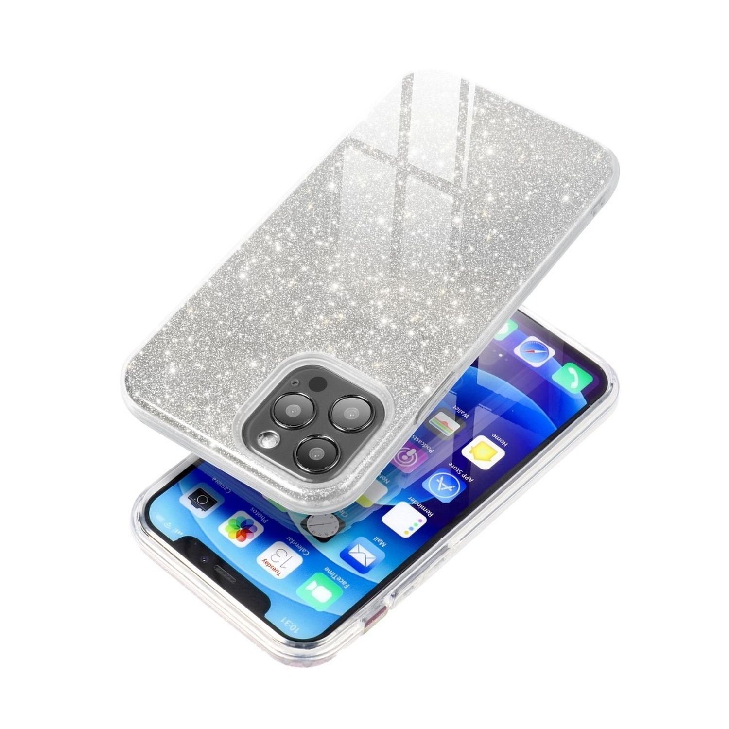 Telefon mit Glitzerhülle, offen dargestellt. Das Telefon hat eine transparente Hülle mit Glitzer.