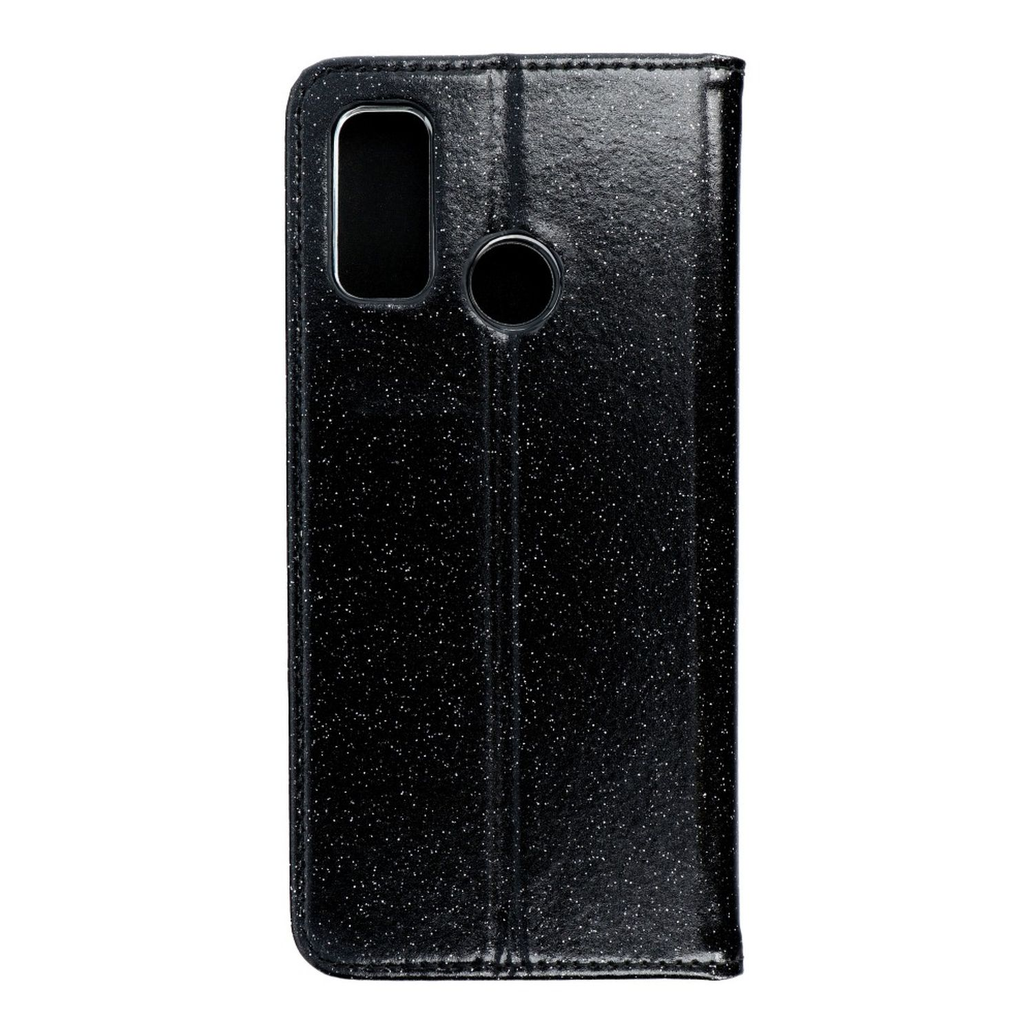 Eine schwarze Handyhülle mit Kameraausschnitt. Sie hat einen Glitzereffekt.