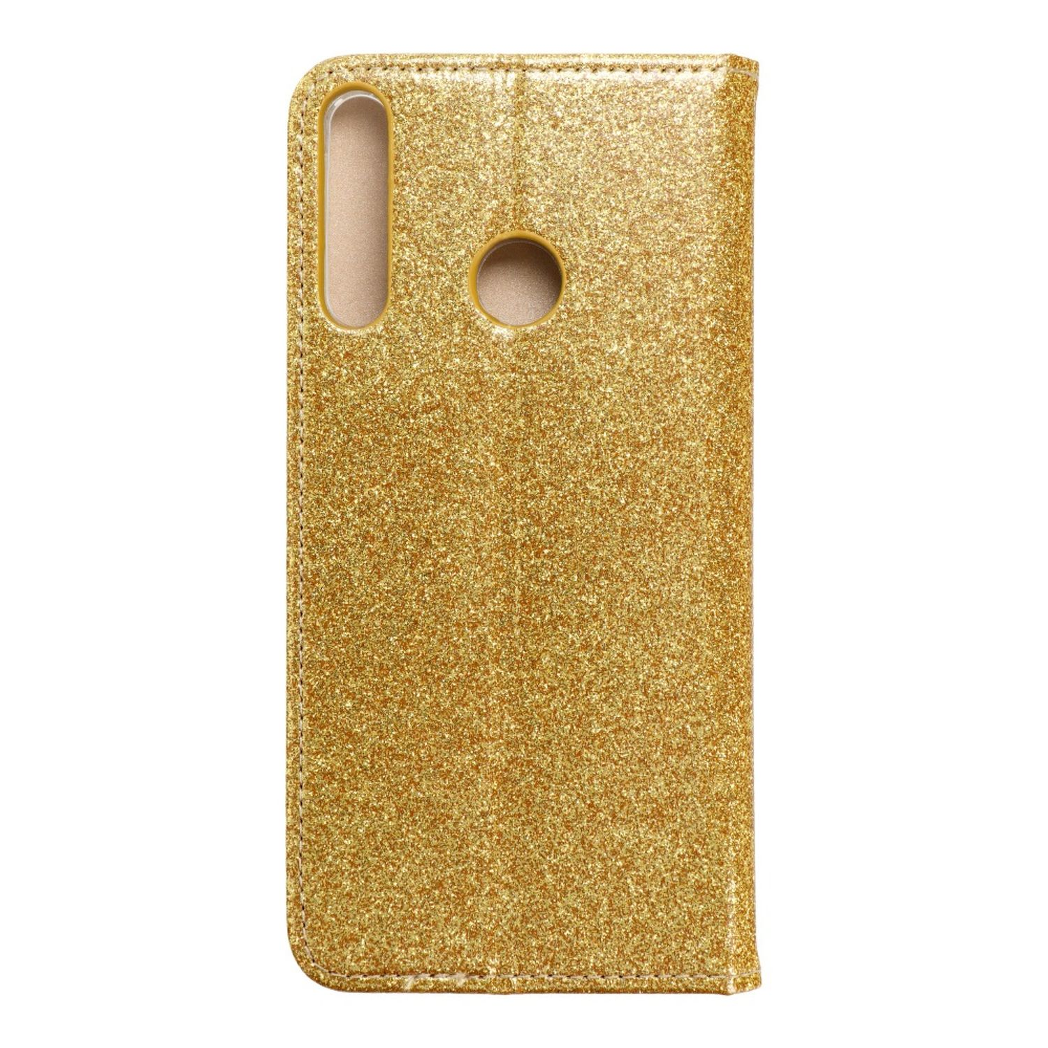 Goldene Glitzer-Handyhülle mit Kameraloch, vor weißem Hintergrund, glänzende Oberfläche.