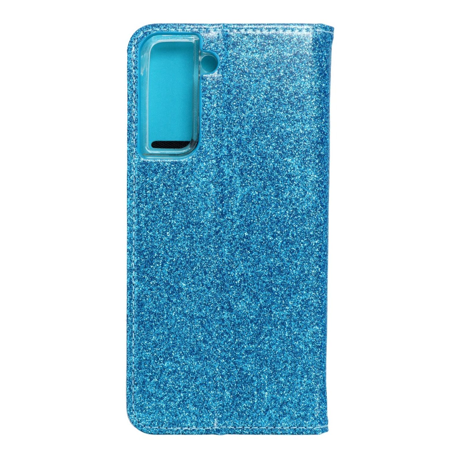 Eine blaue Glitzer-Handyhülle. Sie hat Aussparungen für Kamera und Knöpfe.