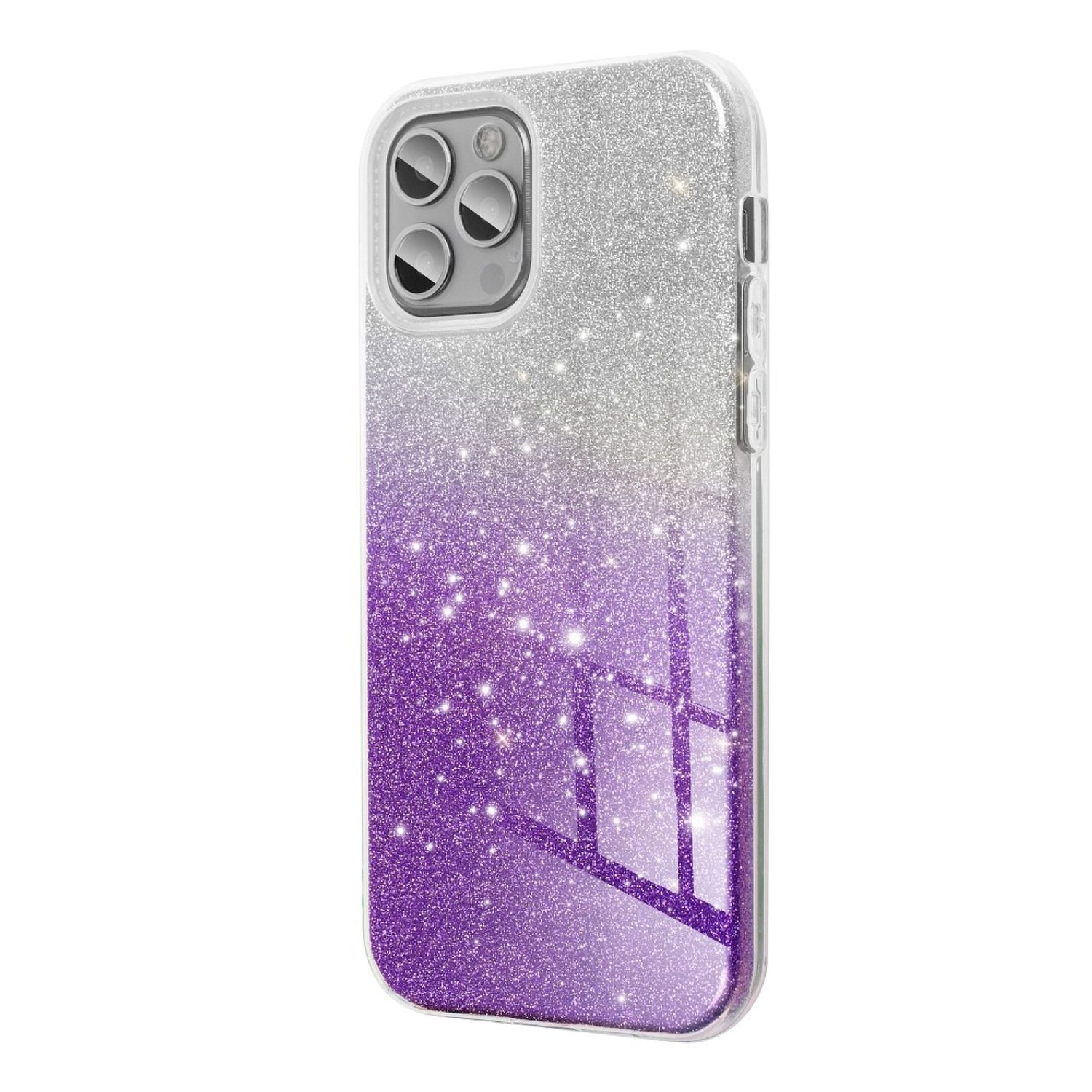 Eine Handyhülle mit Farbverlauf, die von silbernem zu violettem Glitzer übergeht.