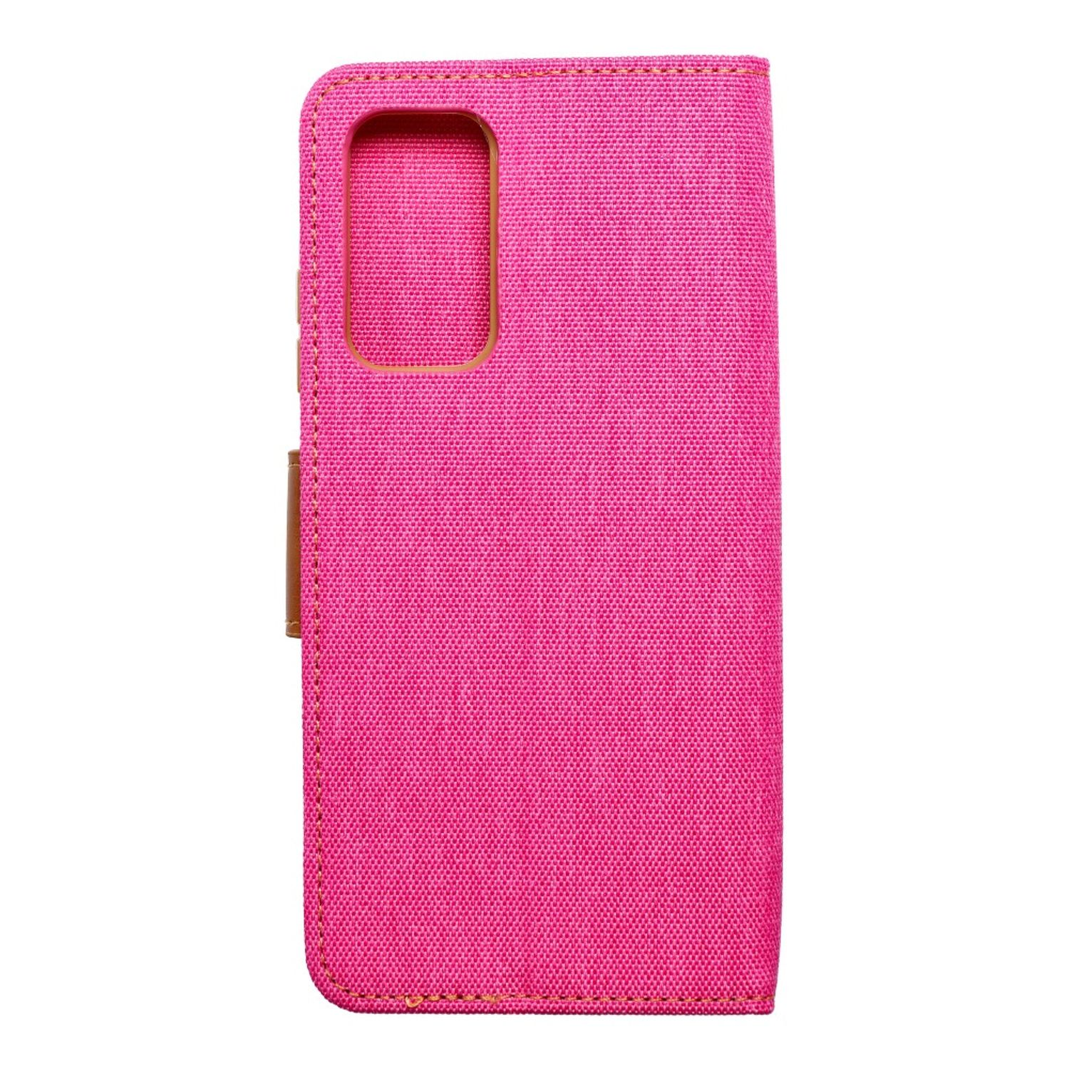 Rosa Handyhülle mit vertikalem Design, mit Ausschnitt und Magnetverschluss.