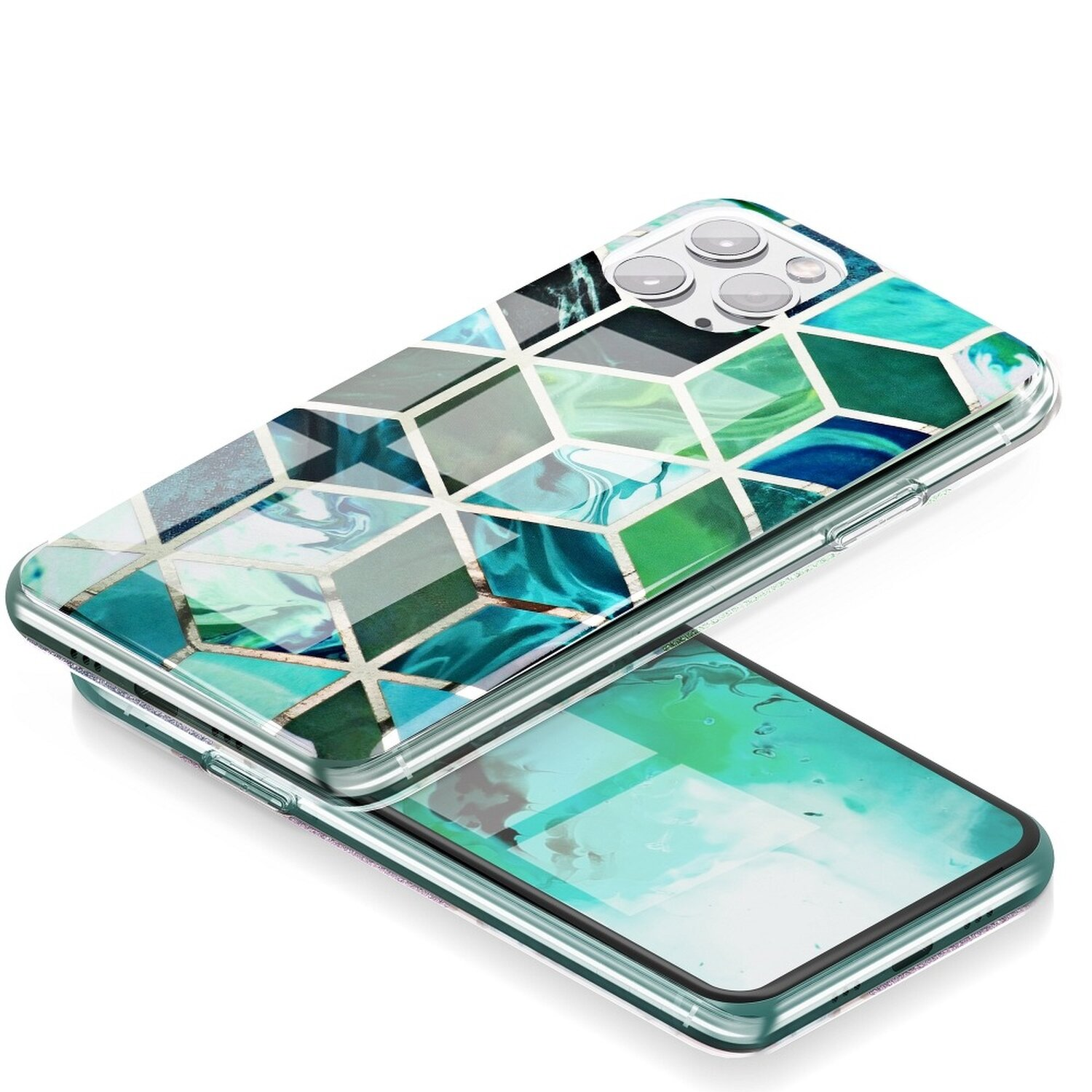 Handyhülle mit geometrischem blau, grün und weiß Design.