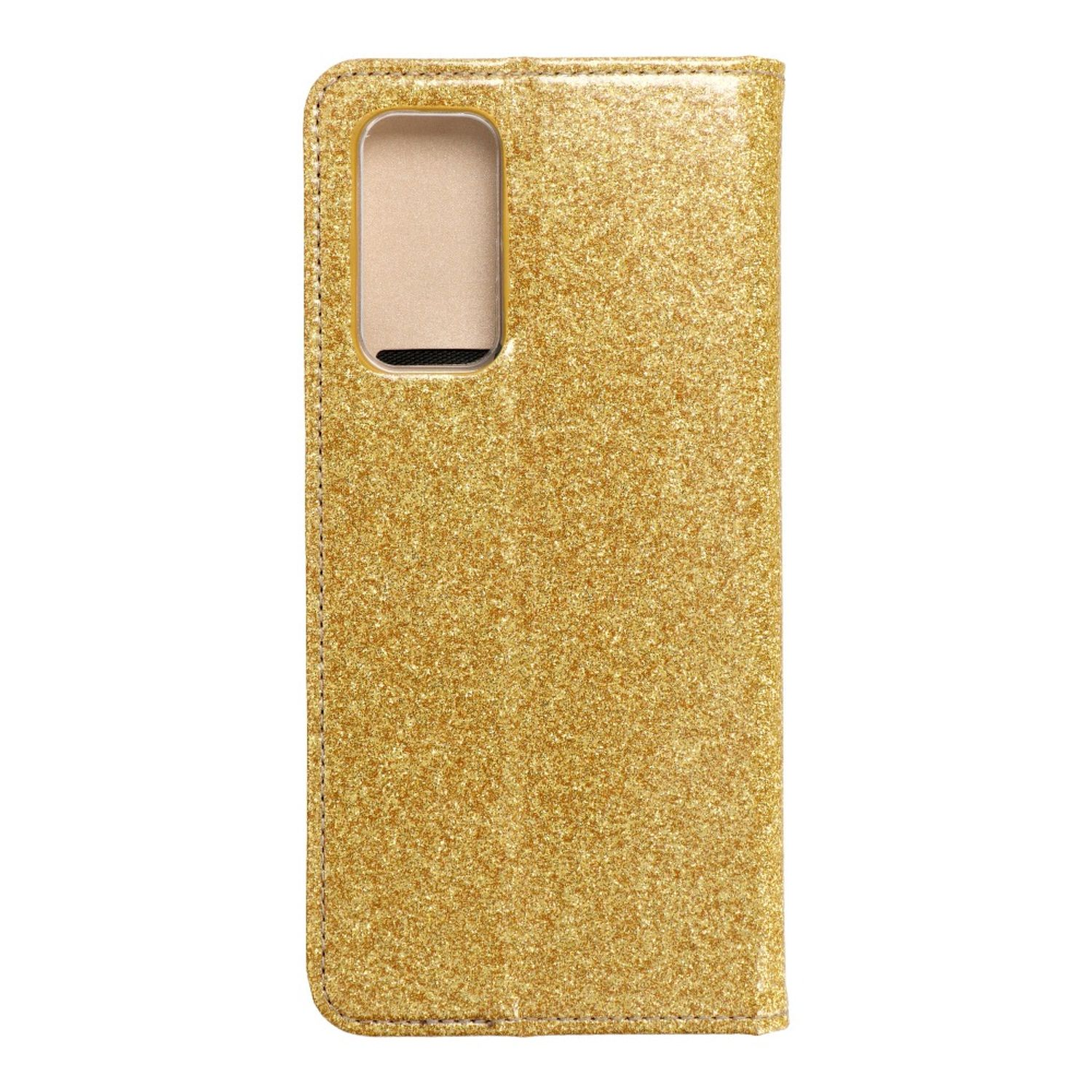 Goldene, glitzernde Handyhülle. Hat einen Kameraausschnitt. Weißer Hintergrund.