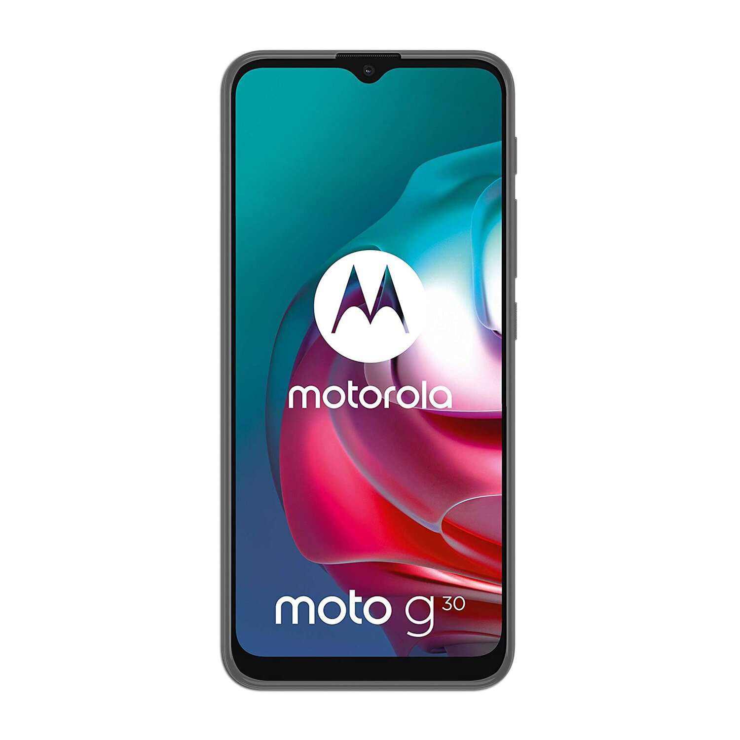 Ein schwarzes Motorola Moto g30 Smartphone mit großem Bildschirm, das das Motorola-Logo und den Namen des Telefons zeigt.