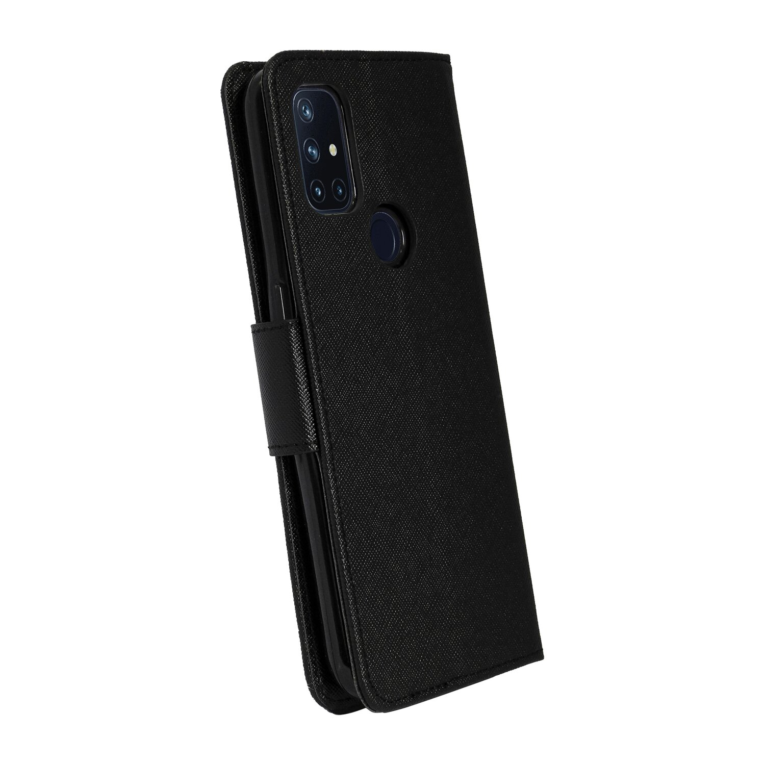 Schwarze Handyhülle mit Handy darin, geöffnet.