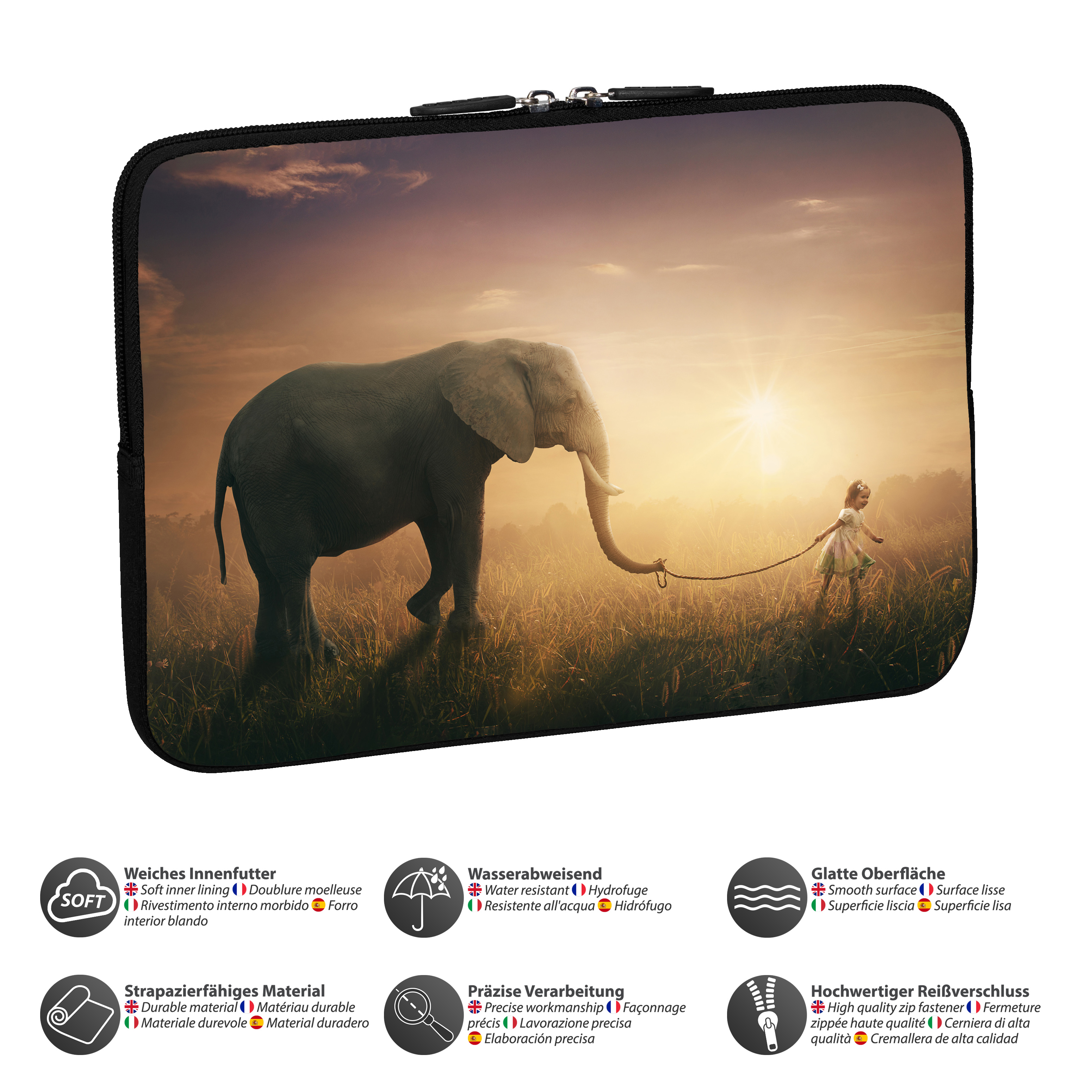 Laptoptasche mit Elefant und Kind bei Sonnenuntergang. Textlabels beschreiben Funktionen.
