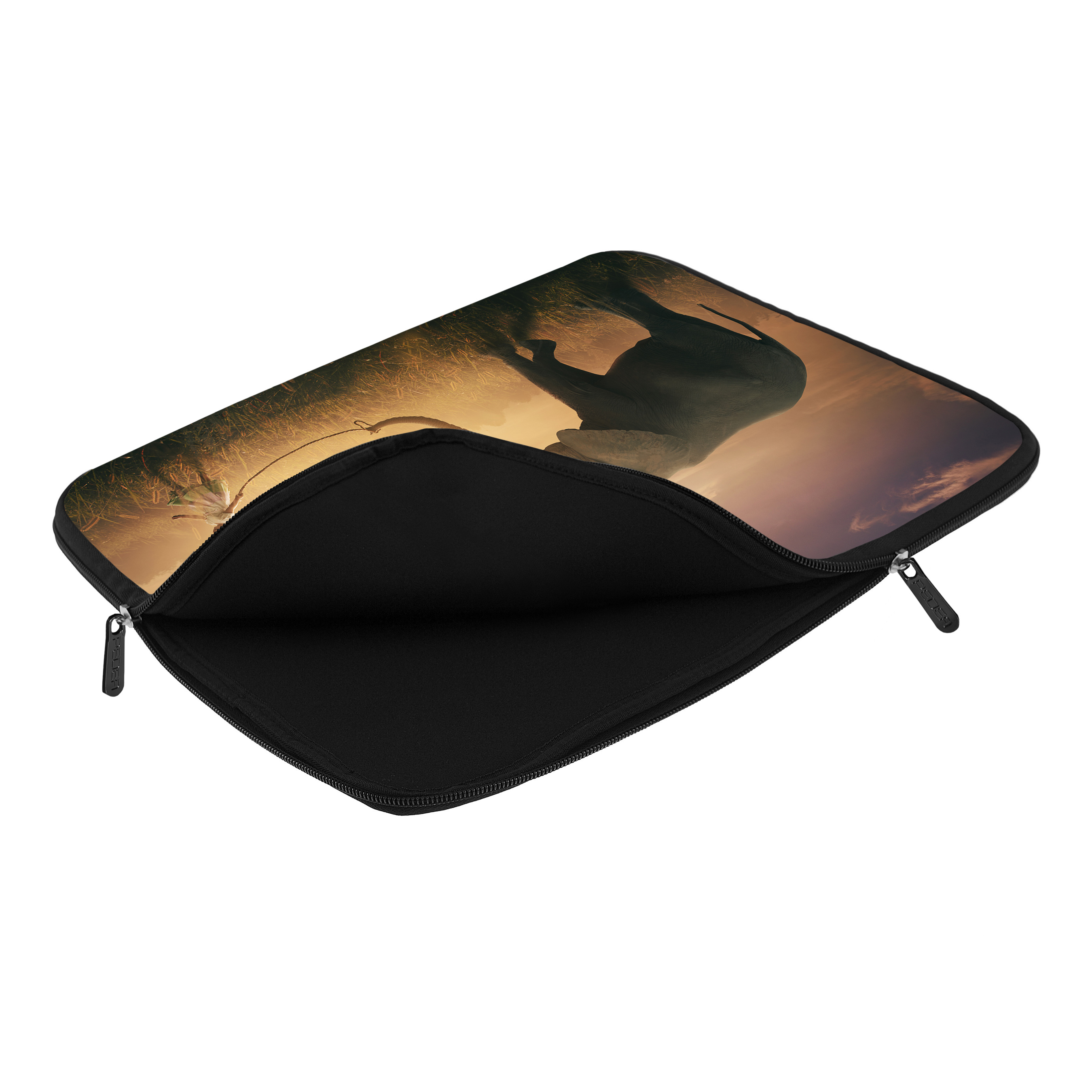 Geöffnete Laptoptasche mit Elefant bei Sonnenuntergang, schwarzem Innenraum und Reißverschluss.