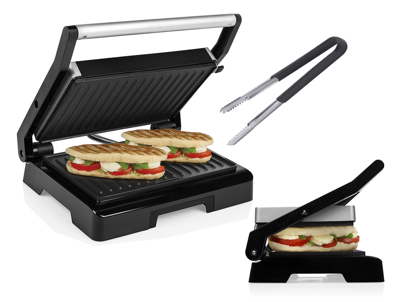 Sandwiches auf einem Grill. Grillzangen liegen neben dem Grill. Ein weiteres Sandwich wird gezeigt.