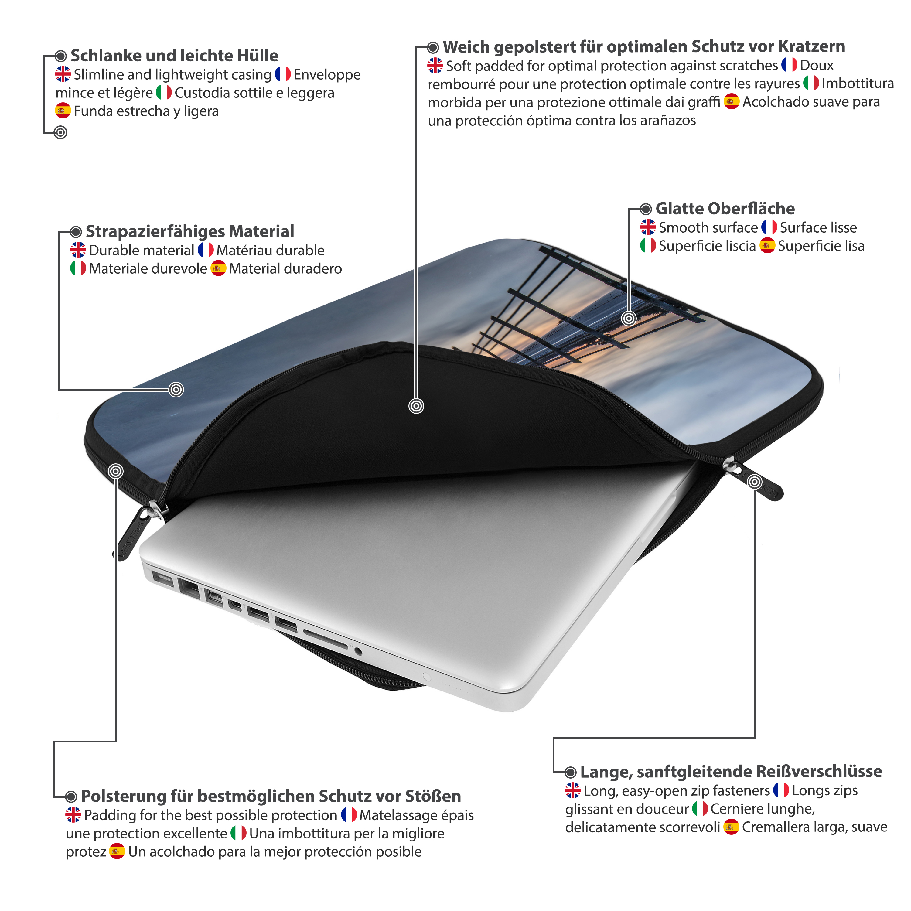 Eine Laptop-Tasche mit Text, der Merkmale wie Polsterung, glatte Oberfläche und haltbares Material beschreibt.