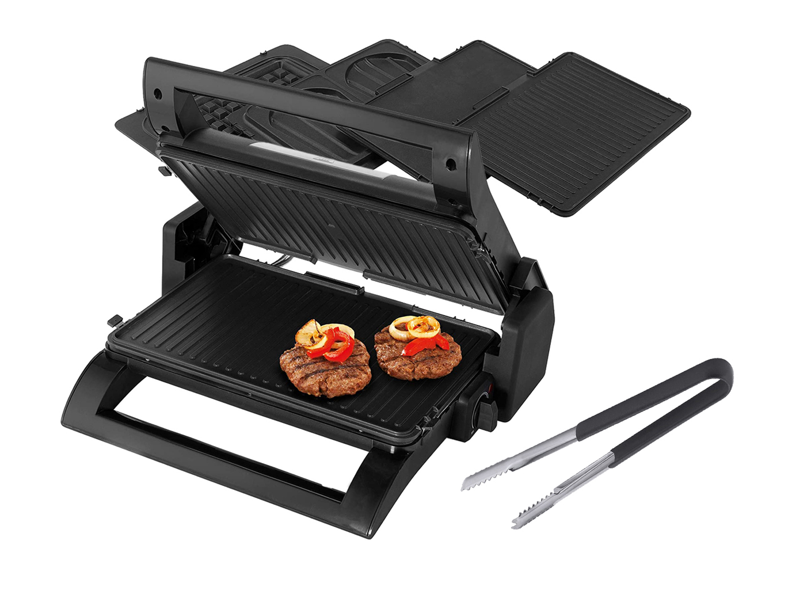Sandwichpresse mit Burgern und Paprika. Zangen auf der rechten Seite. Weißer Hintergrund.
