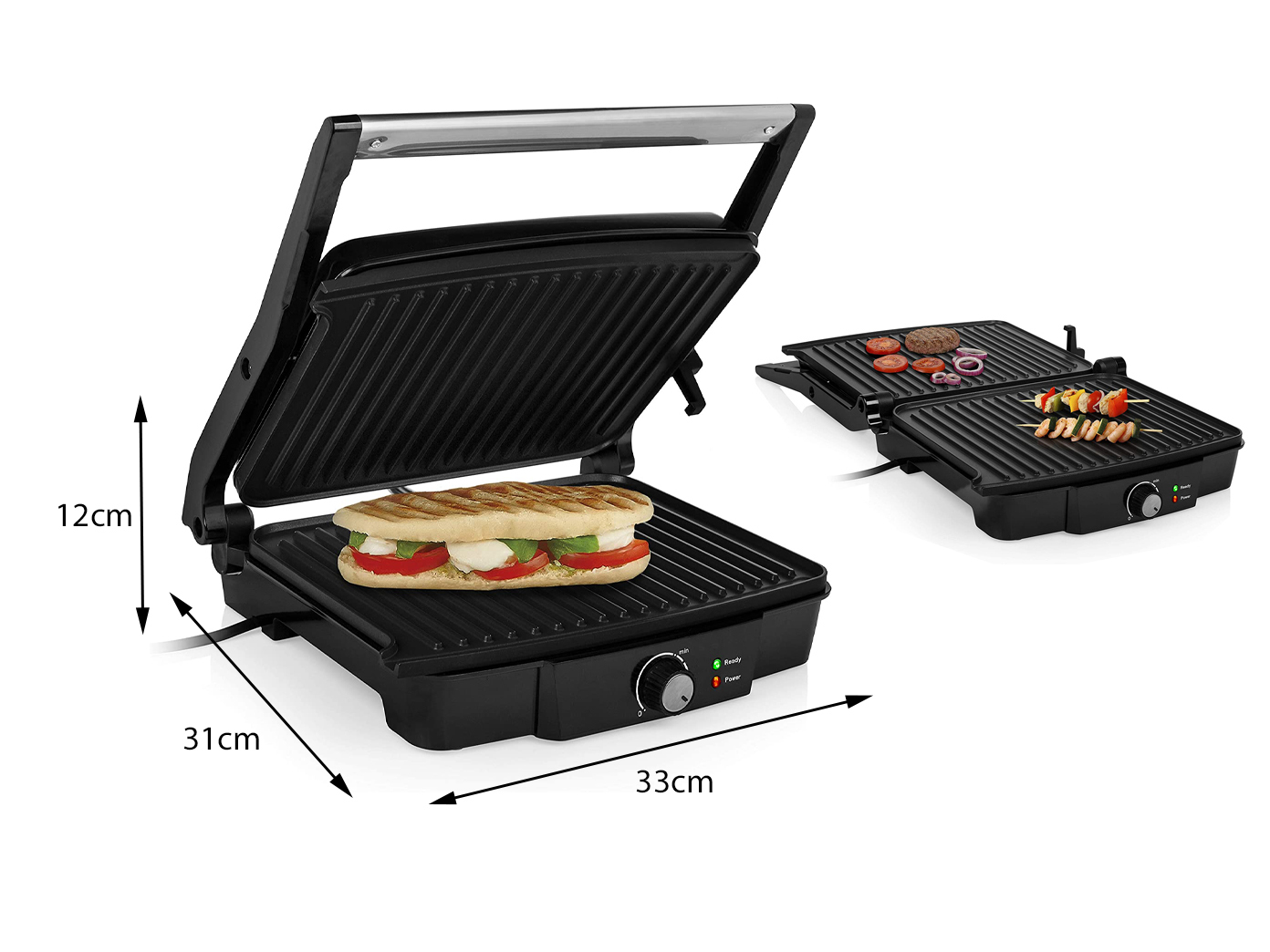 Schwarze Panini-Presse mit Sandwich, mit einem weiteren Grill mit fertigem Essen.