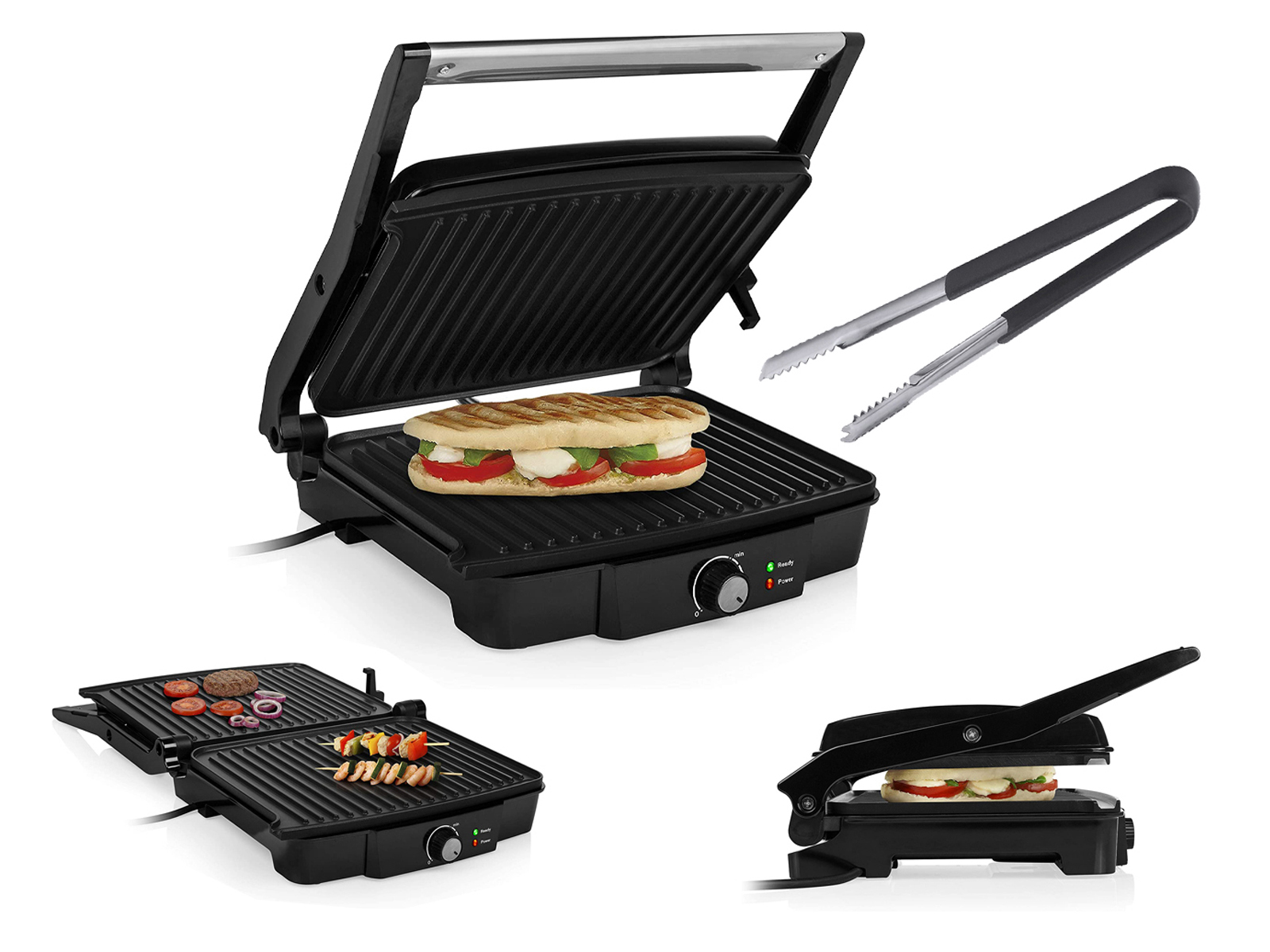 Drei Bilder einer schwarzen Panini-Presse mit Sandwich und Zangen. Ein Bild zeigt offene Presse.