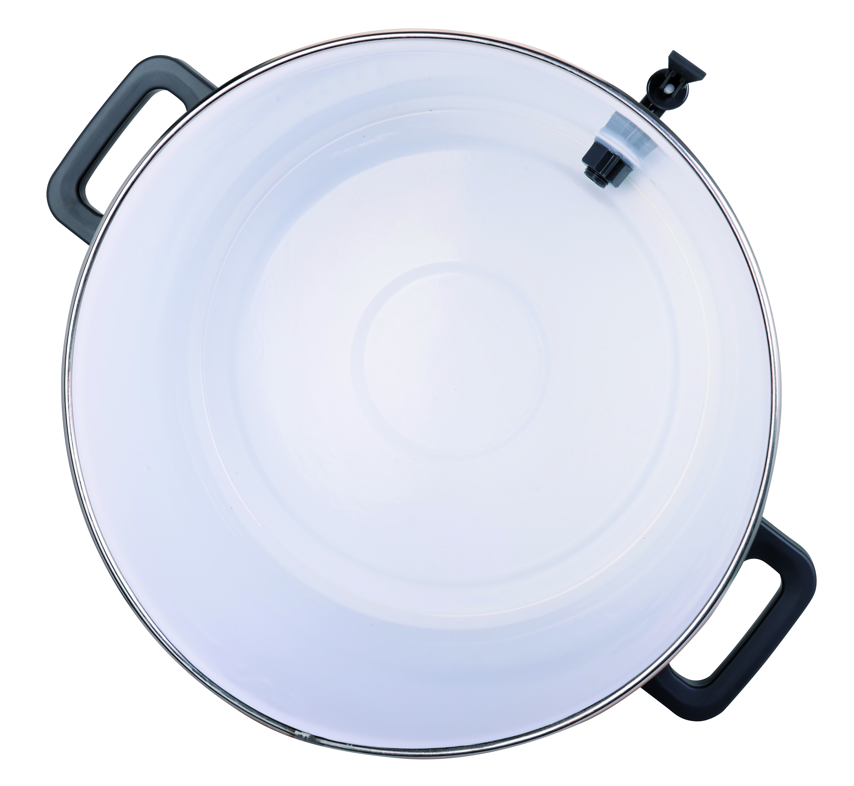 Ein weißer Kochtopf mit schwarzen Griffen und transparentem Deckel.