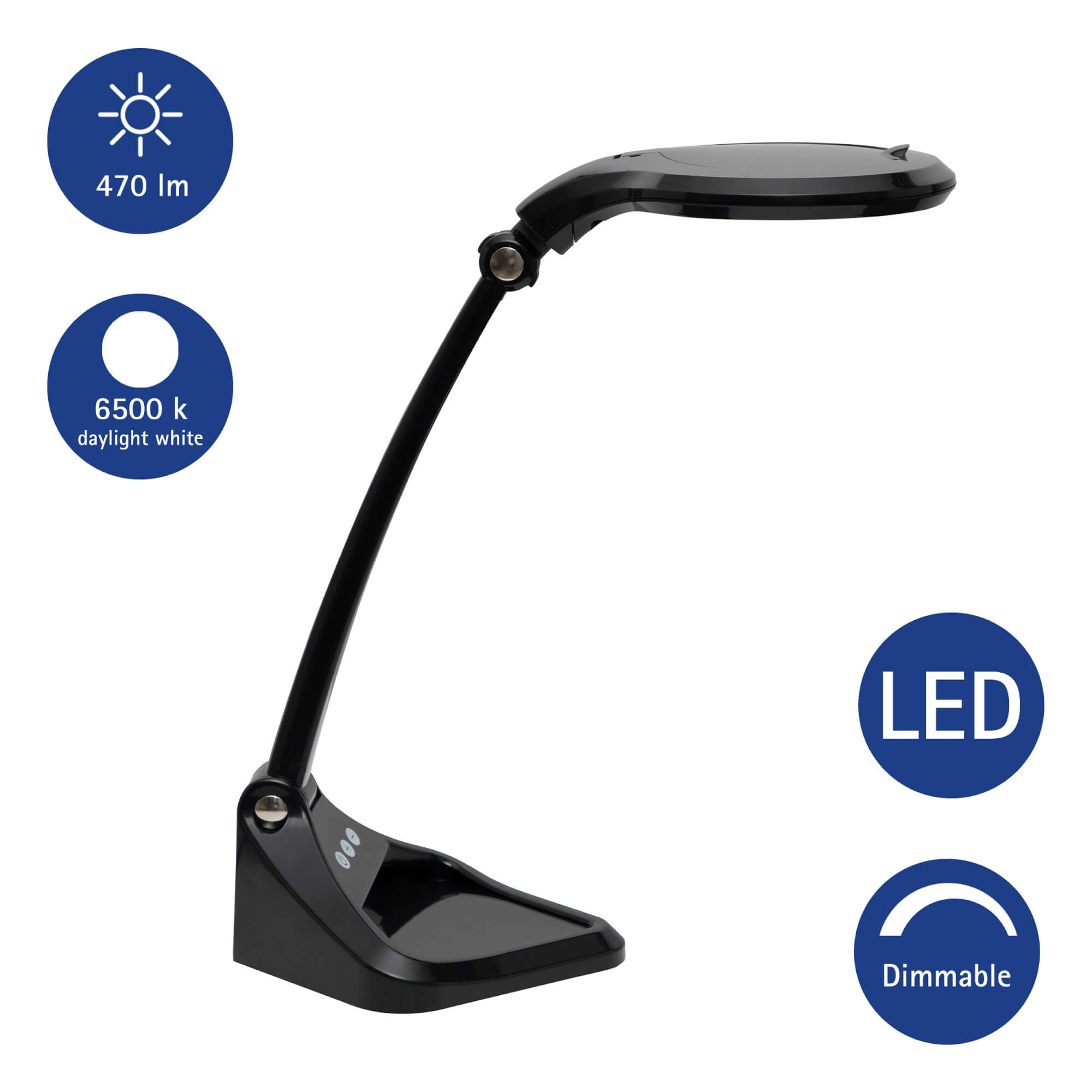 Eine schwarze LED-Schreibtischlampe mit flexiblem Hals. Sie hat einen runden Fuß und ein Licht.