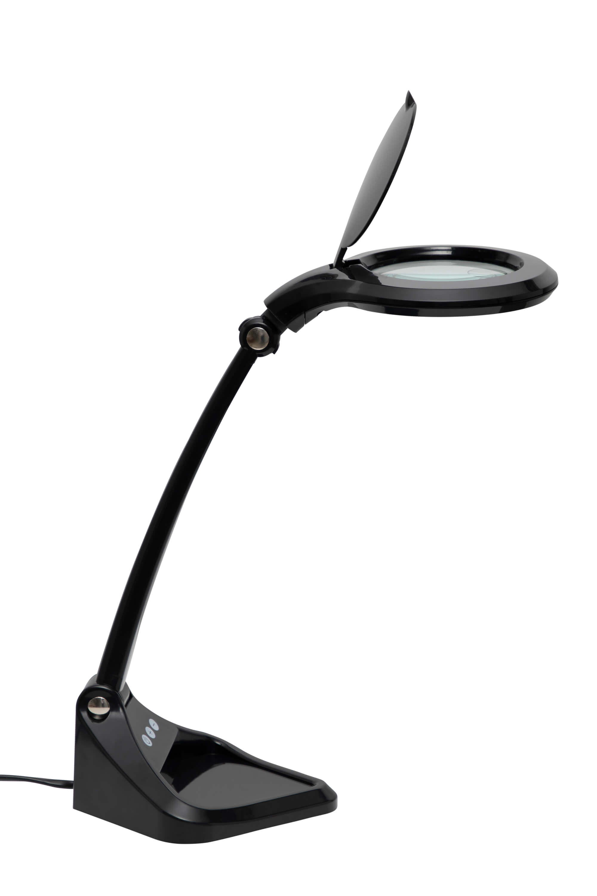 Schwarze Schreibtischlampe mit Lupe. Sie hat einen flexiblen Arm und einen runden Sockel. Der Hintergrund ist weiß.