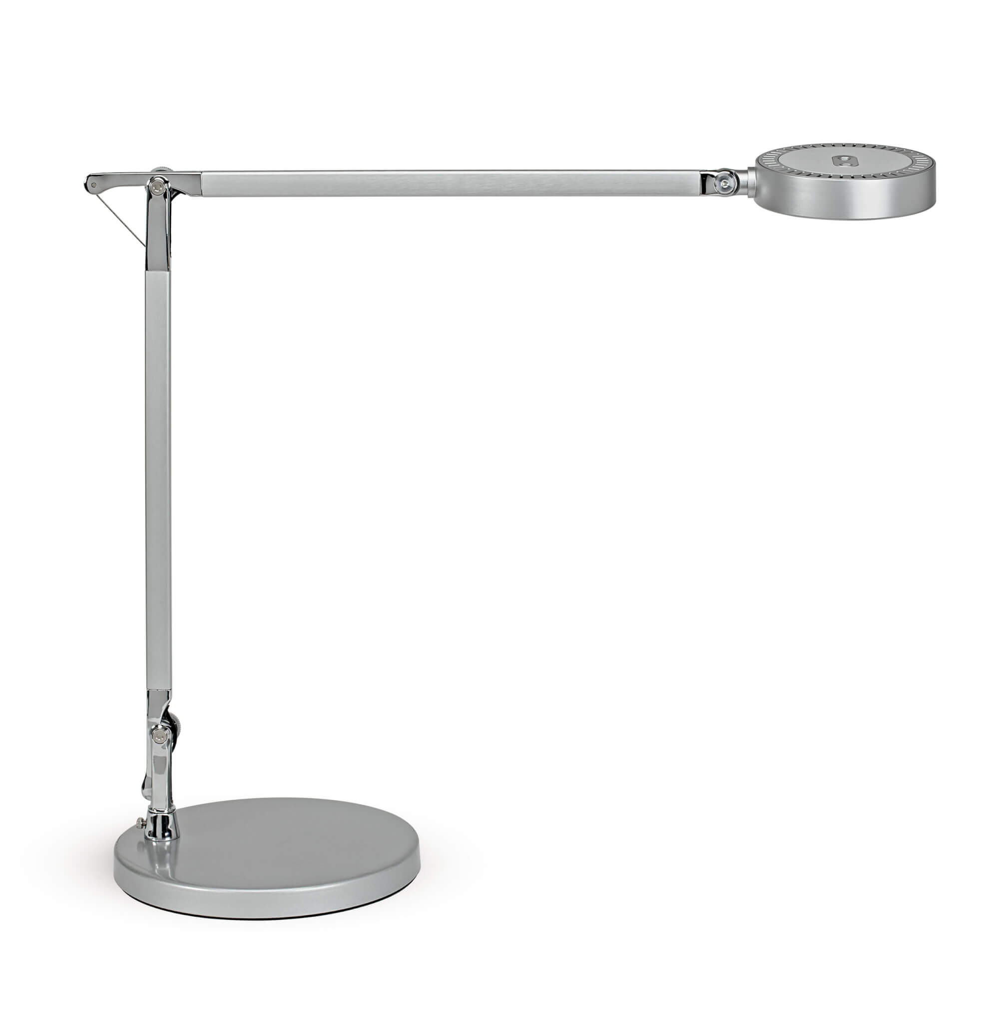 Lampada da scrivania argentata con base rotonda e testa rotonda.