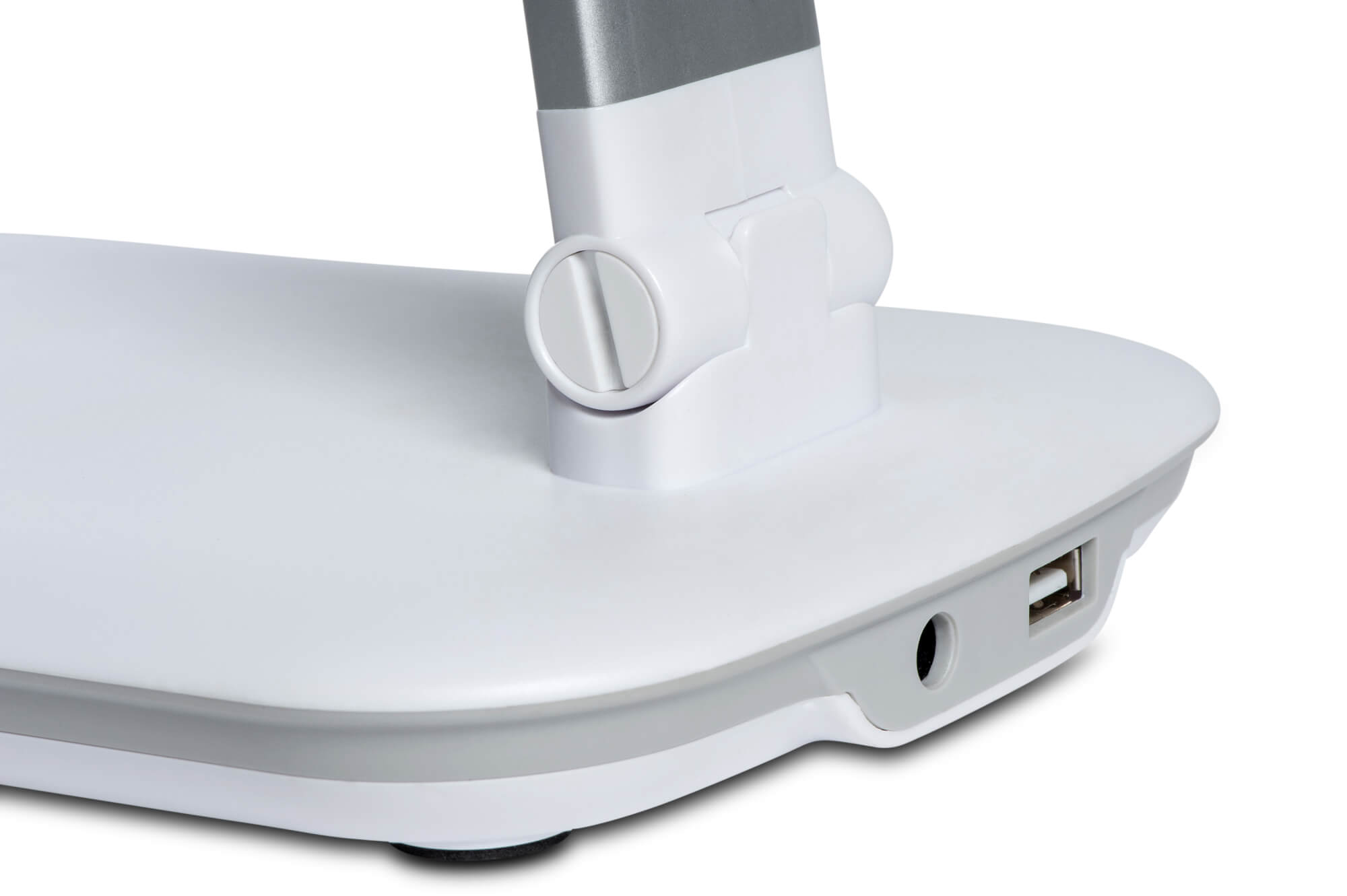 Lampada da scrivania bianca con porta USB e pulsante di accensione/spegnimento sulla base, sfondo bianco.