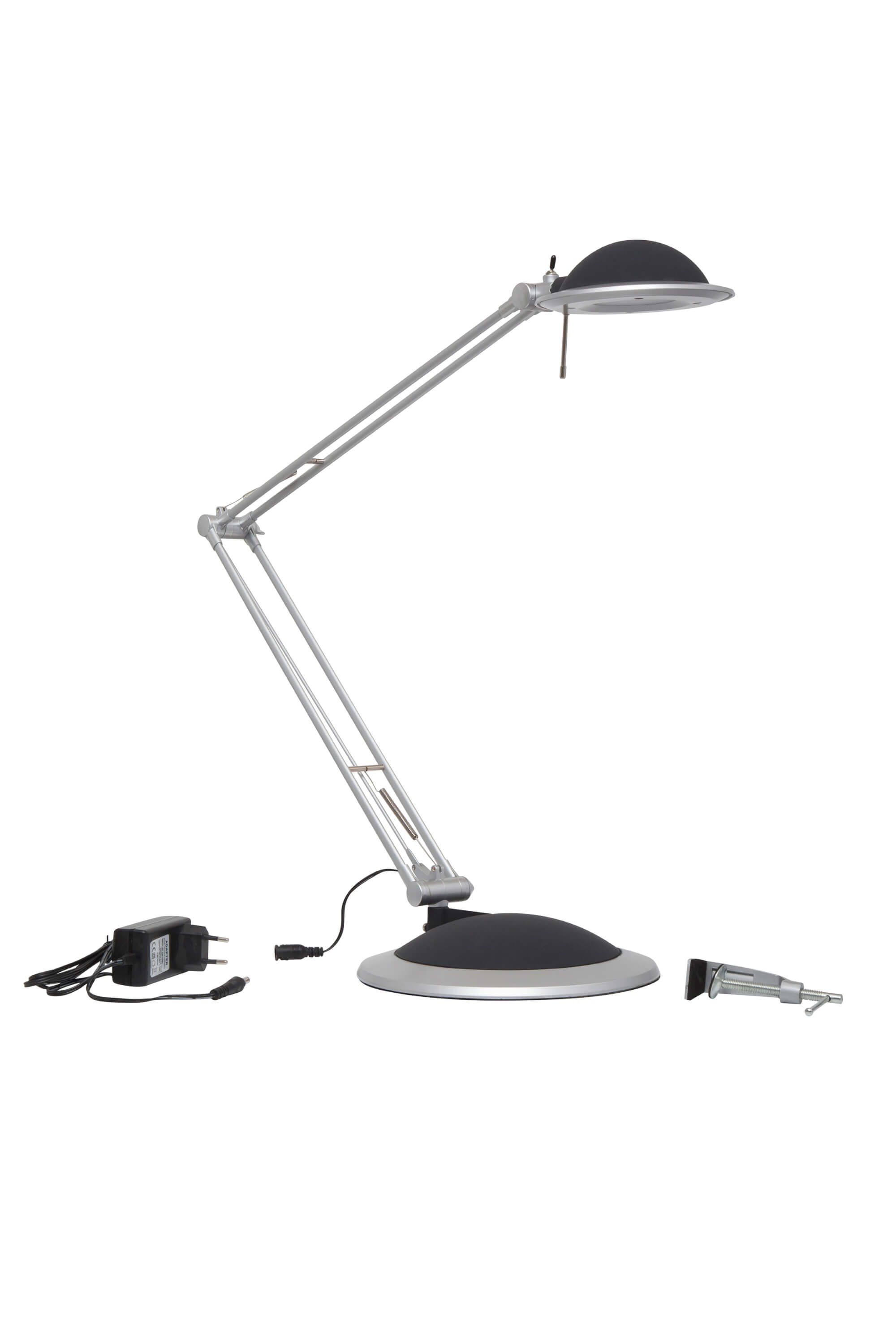 Srebrna lampa biurkowa z czarnym kloszem, regulowana i z zasilaczem.