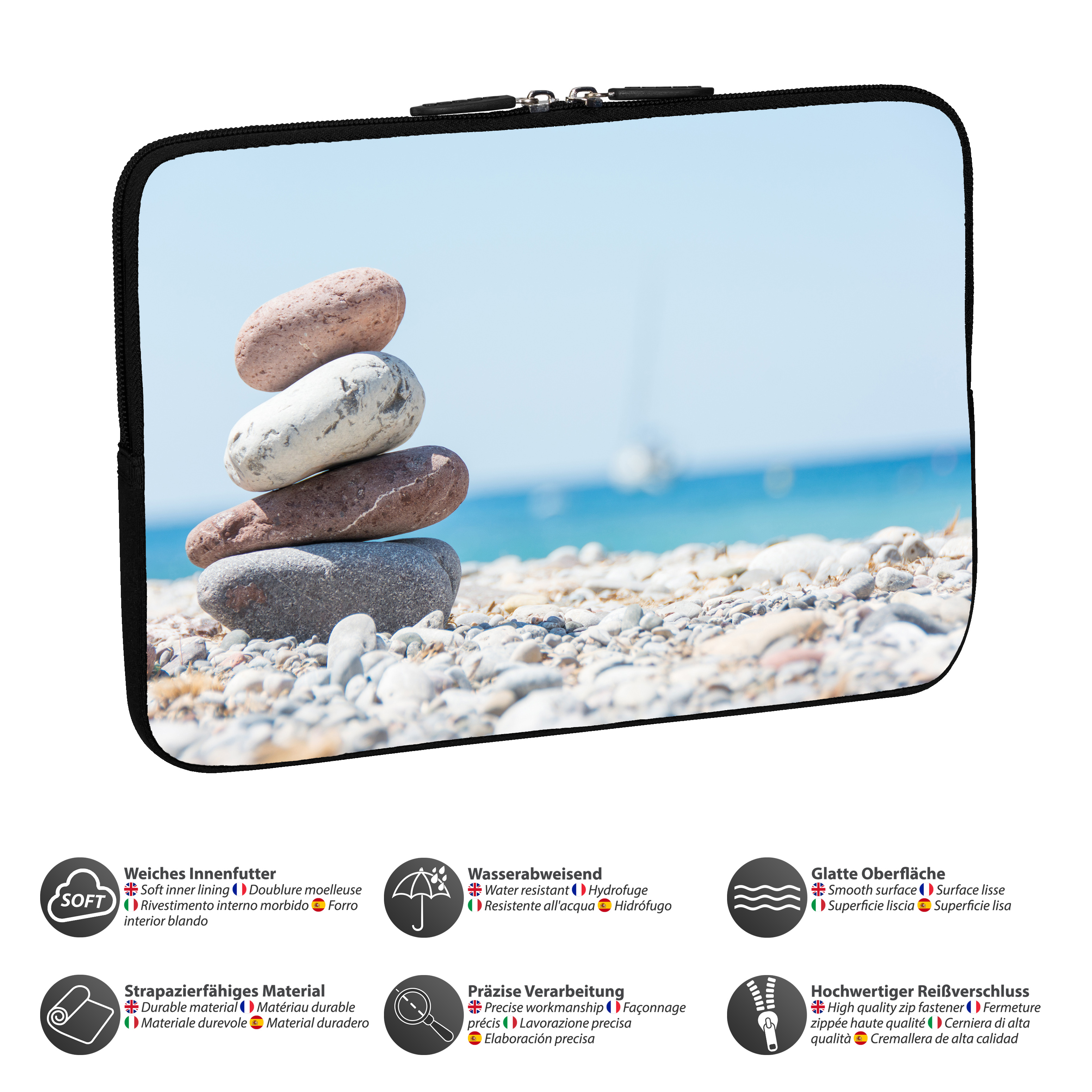 Eine Tasche mit einem Bild von gestapelten Steinen am Strand und Text, der das Produkt beschreibt.