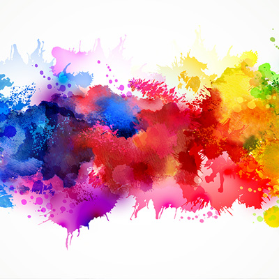 Bunter Aquarellfarbspritzer auf weißem Hintergrund, lebendig und künstlerisch.