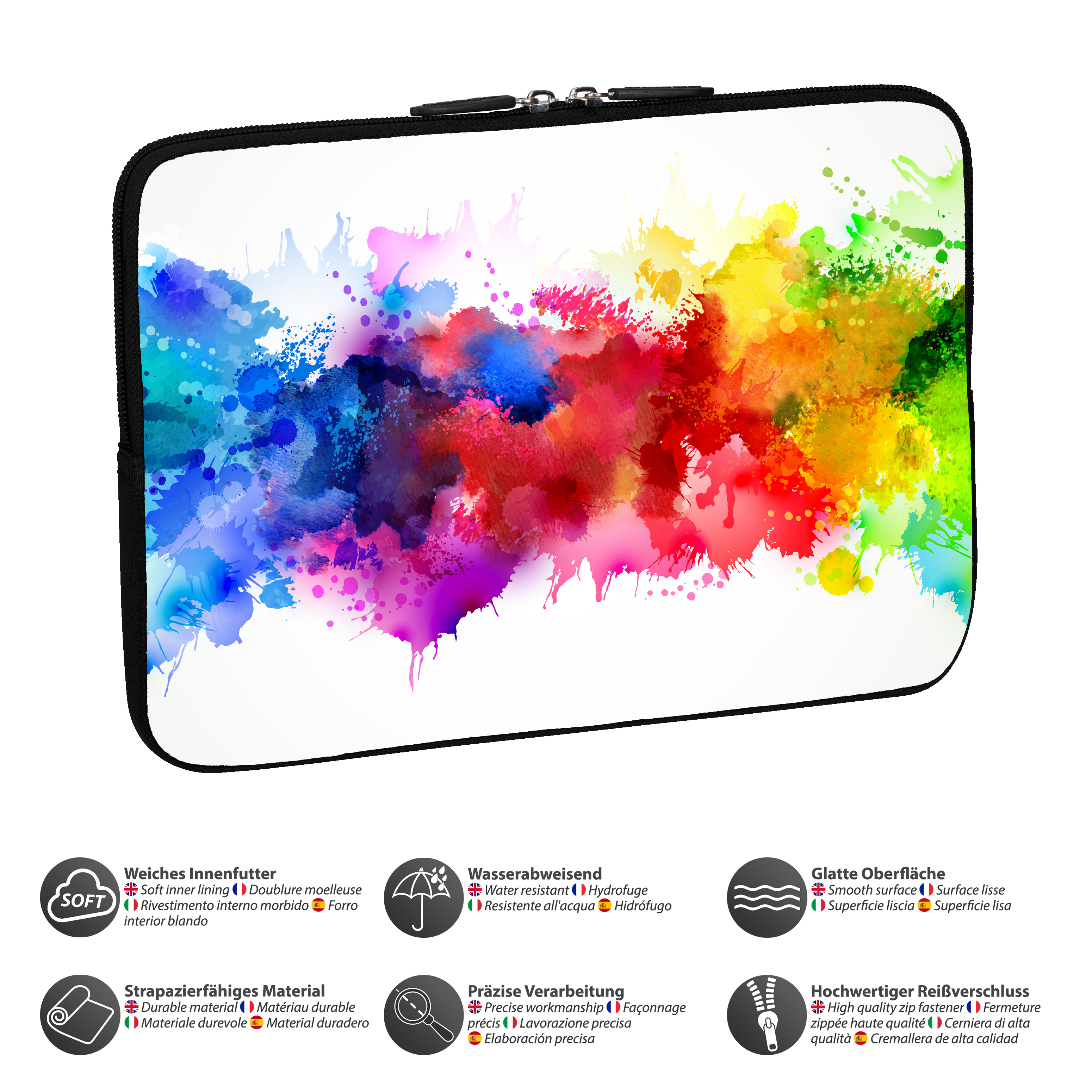 Eine Laptoptasche mit farbenfrohem Aquarelldesign. Text und Symbole für Funktionen unten.