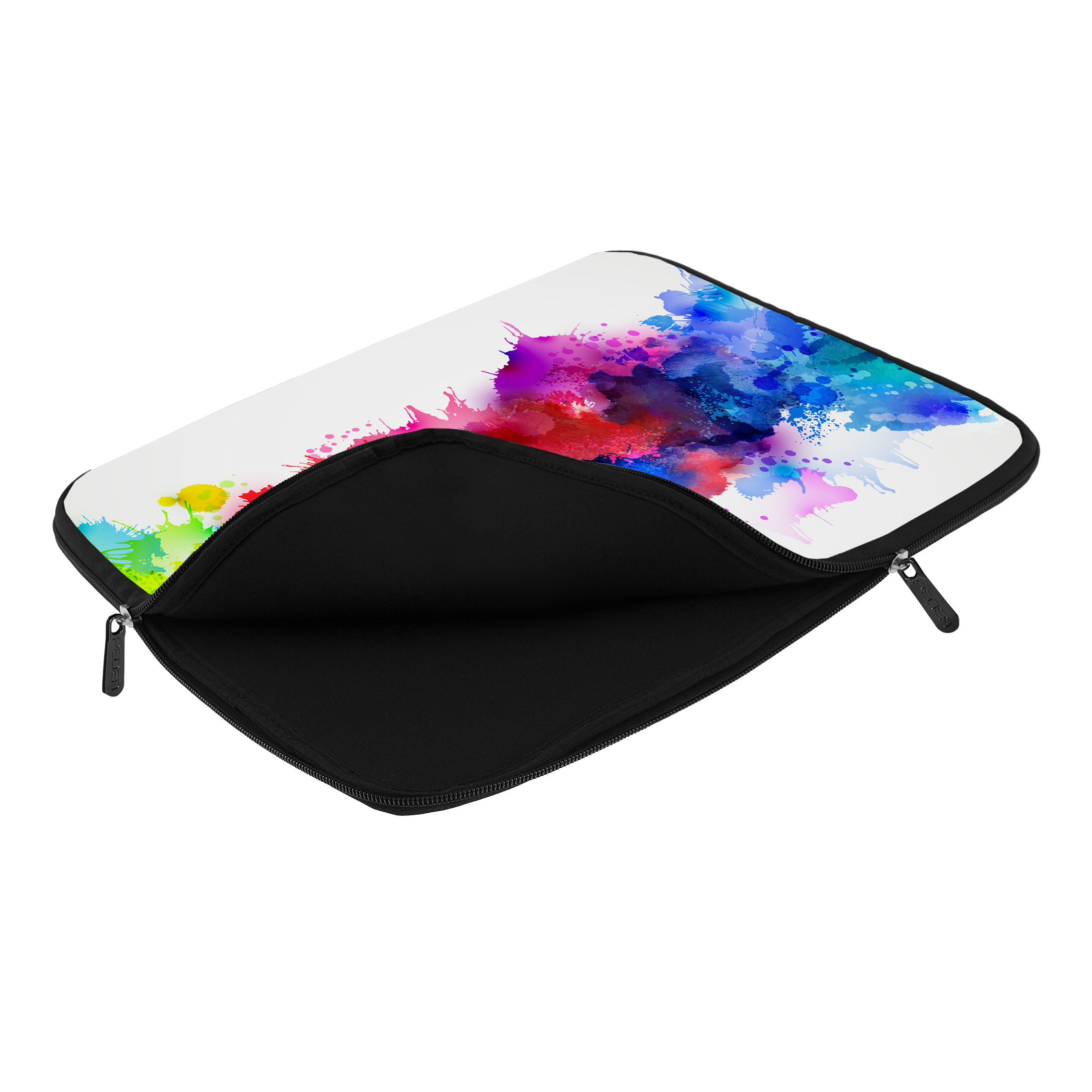 Laptop-Hülle offen, weißer Hintergrund, farbenfrohes Aquarelldesign.