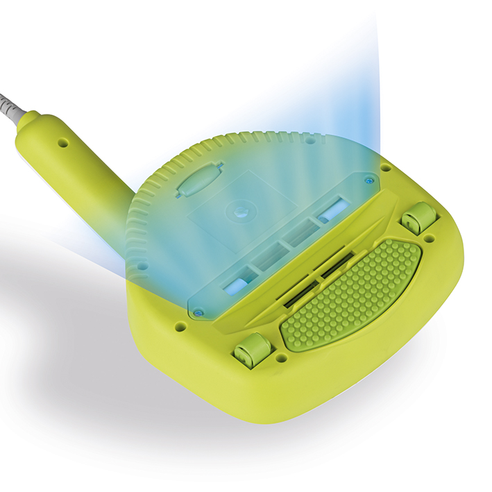 Aspirapolvere portatile verde e giallo. Il fondo ha una sezione trasparente e due ruote.