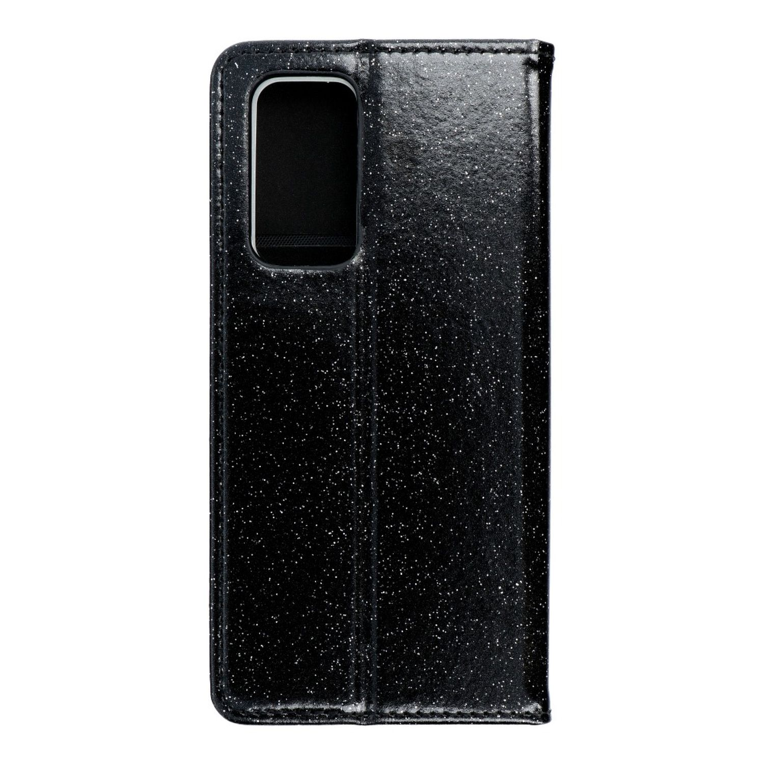 Schwarze Handyhülle mit Glitzereffekt, Kameraausschnitt und lederartiger Textur.