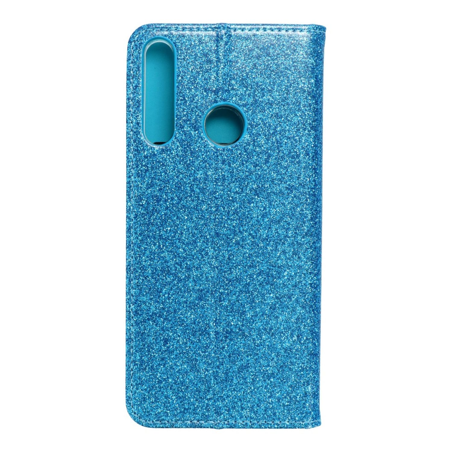 Blaue Glitzer-Handyhülle mit Kameraöffnung, auf weißem Hintergrund.