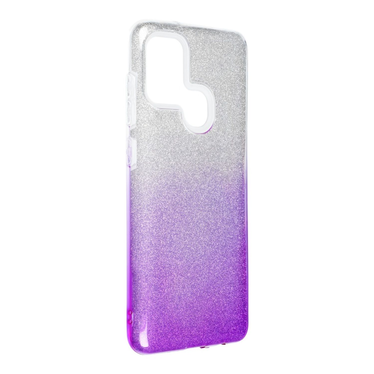 Transparente Handyhülle mit einem Farbverlauf von Silber zu lila Glitzer. Die Hülle hat ein Loch für die Kamera.