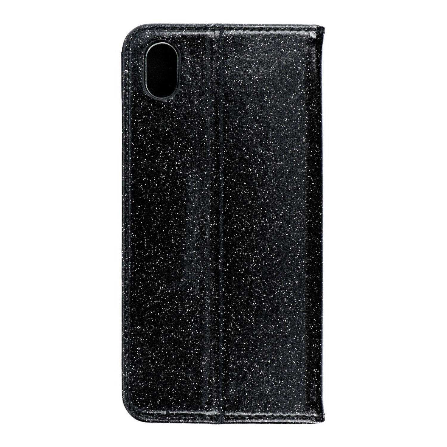 Schwarze Glitzer-Handyhülle mit Kameraausschnitt. Glänzende Oberfläche. Genähte Kanten.