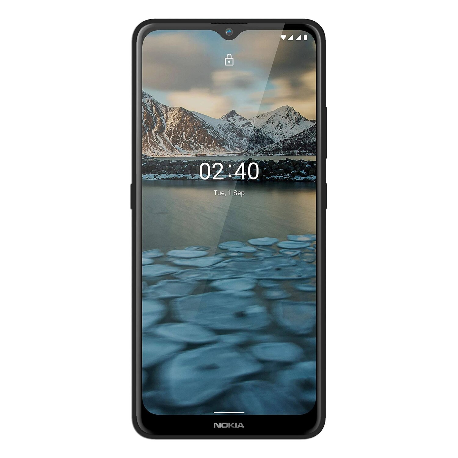 Schwarzes Smartphone, das eine verschneite Berglandschaft und die Uhrzeit zeigt. Oben ein Schloss und Signal.