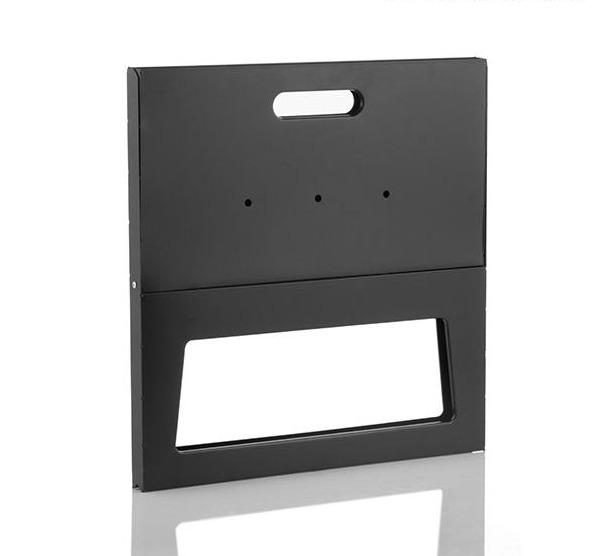 Espositore pieghevole in cartone nero con maniglia e finestra rettangolare.