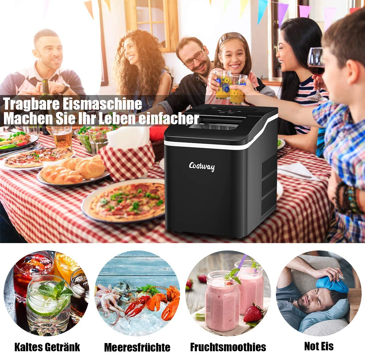 Eine Familie feiert mit einer Eismaschine und Essen. Unten sind Getränke, Meeresfrüchte, Smoothies und ein Mann mit Eisbeutel.