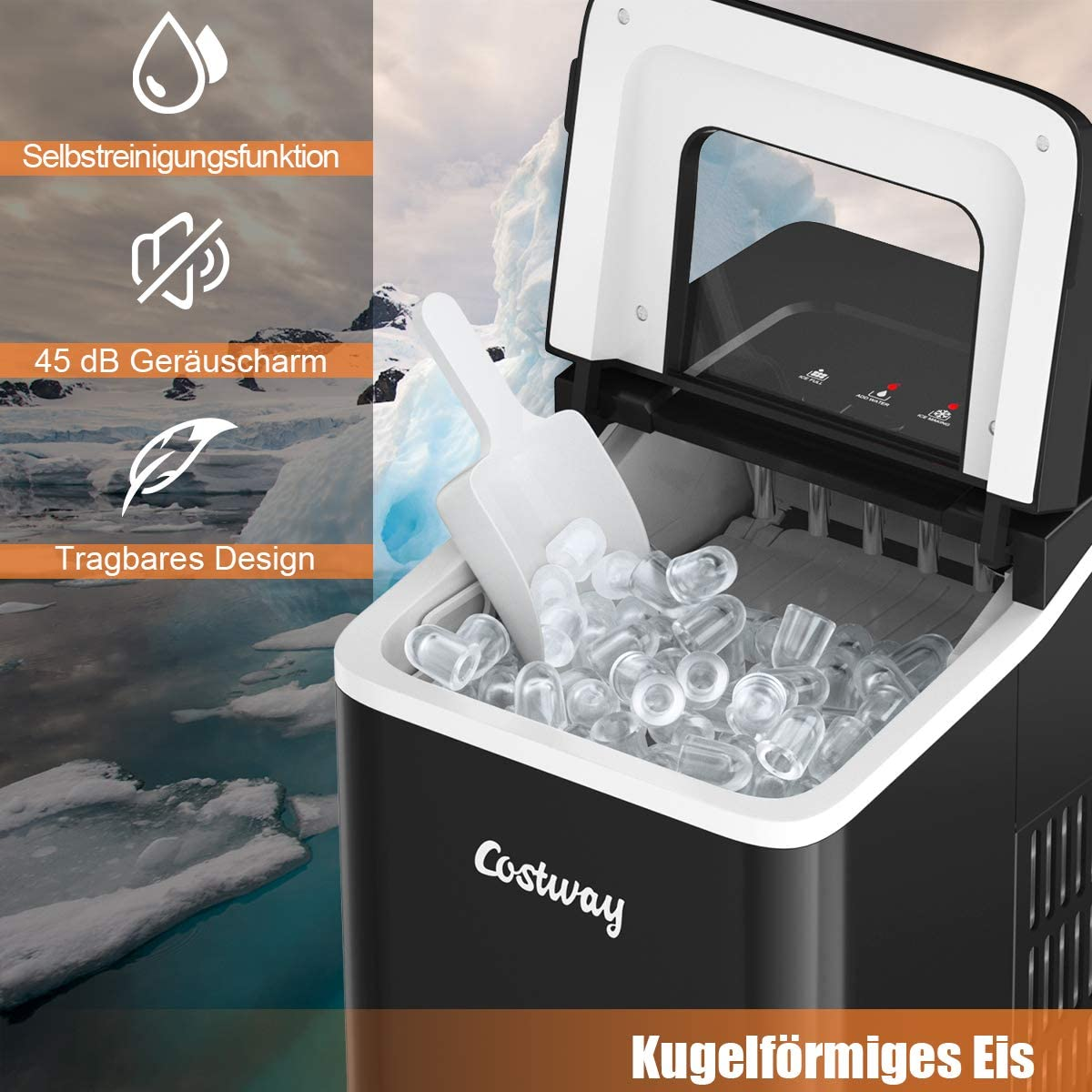 Ein Costway Eisbereiter mit Eiswürfeln und Schaufel vor eisiger Kulisse.