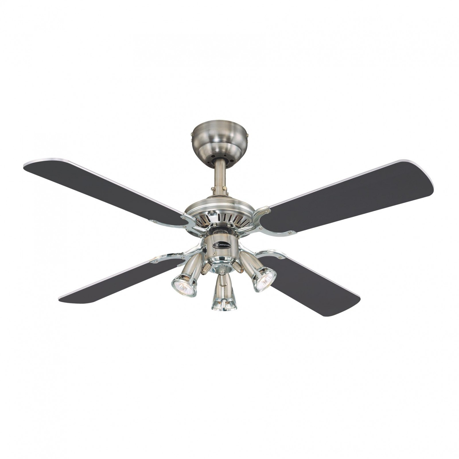 Un ventilatore da soffitto con 4 pale nere e tre luci al centro su sfondo bianco.