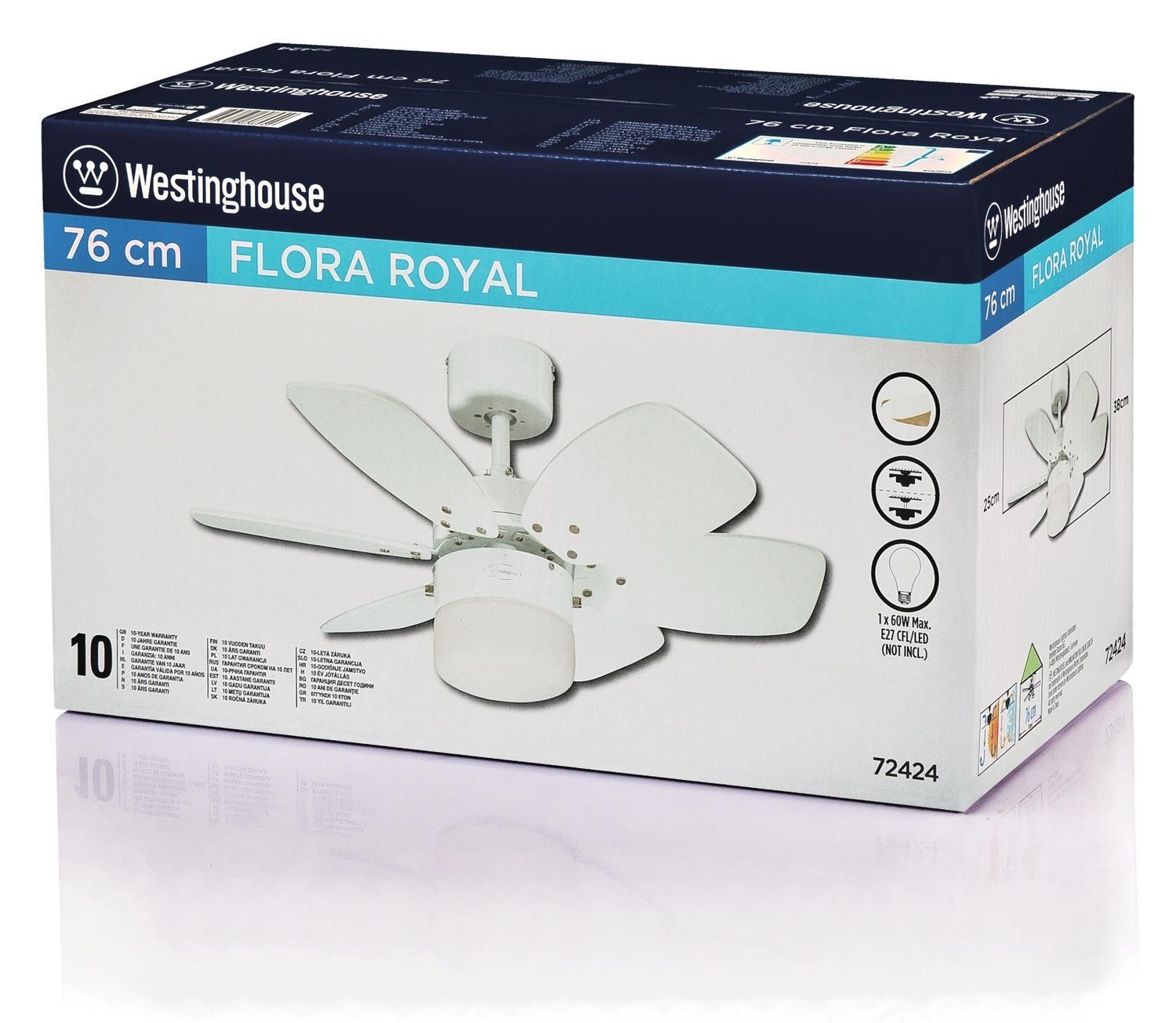 Deckenventilator im Karton mit vier Flügeln. Die Box hat ein Bild des Ventilators und Produktinfos.