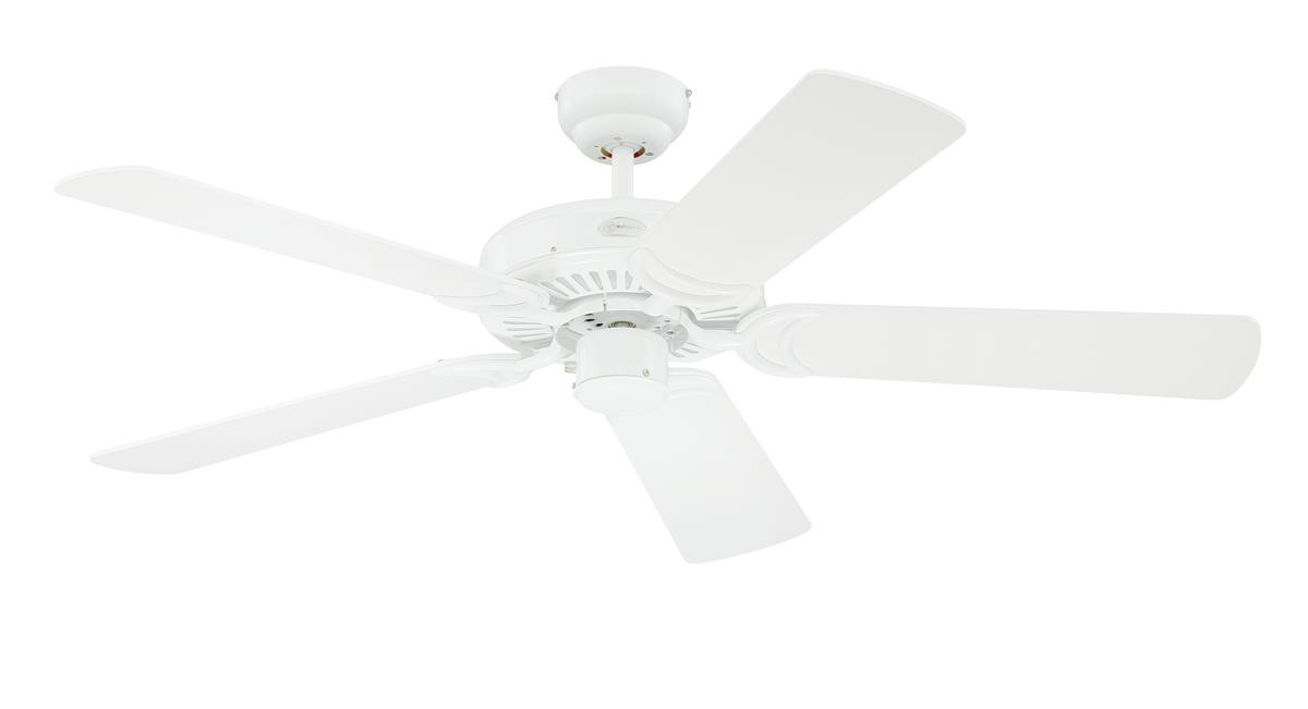 Weißer Deckenventilator mit fünf Flügeln vor weißem Hintergrund.